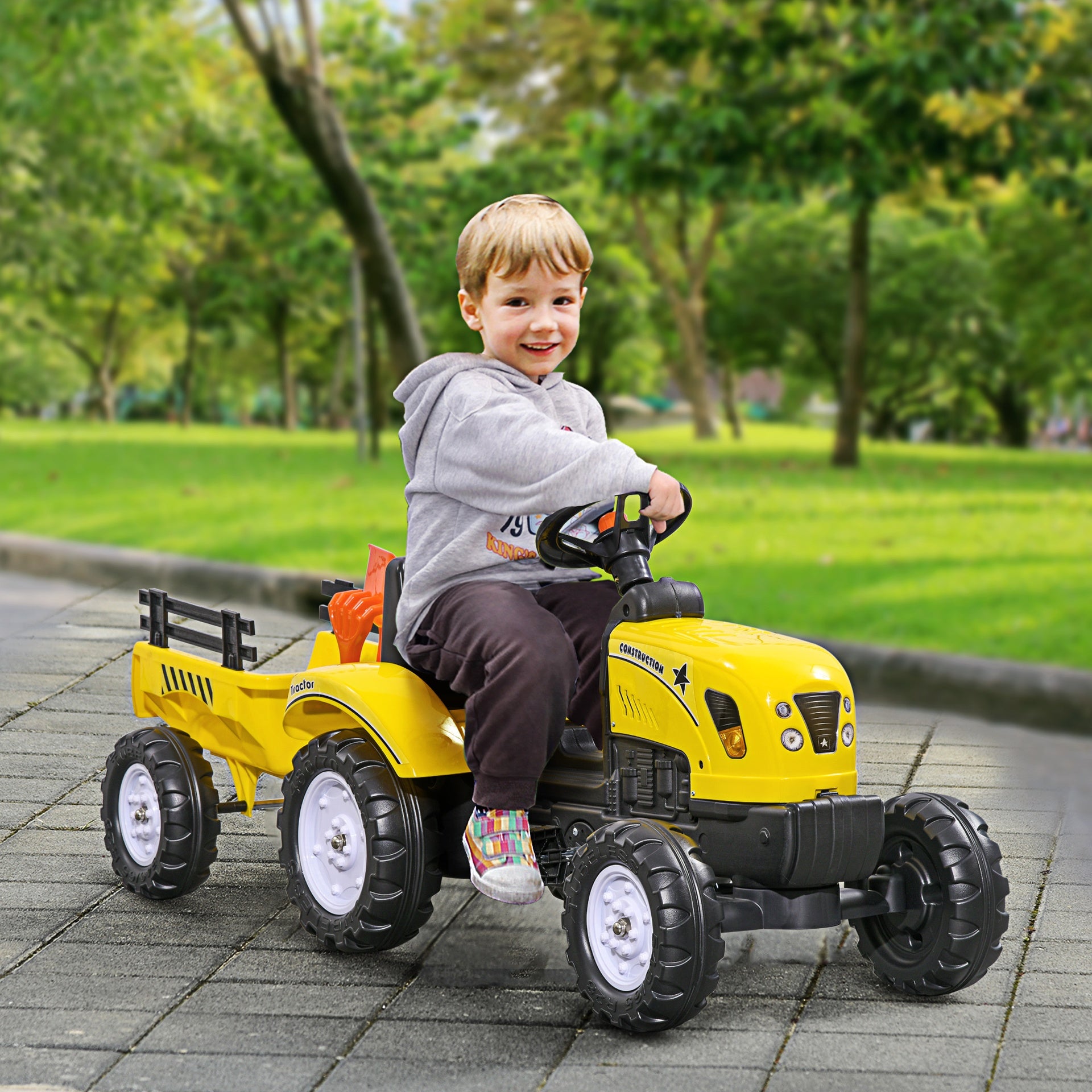 Aosom Kids Ride on Tractor with Back Trailer, Shovel & Rake, Horn, Pedal Go Kart for 3 Years Old, Yellow