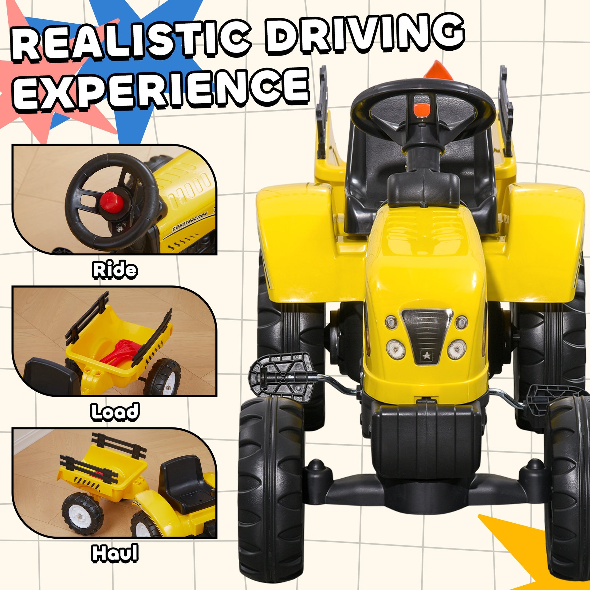 Aosom Kids Ride on Tractor with Back Trailer, Shovel & Rake, Horn, Pedal Go Kart for 3 Years Old, Yellow