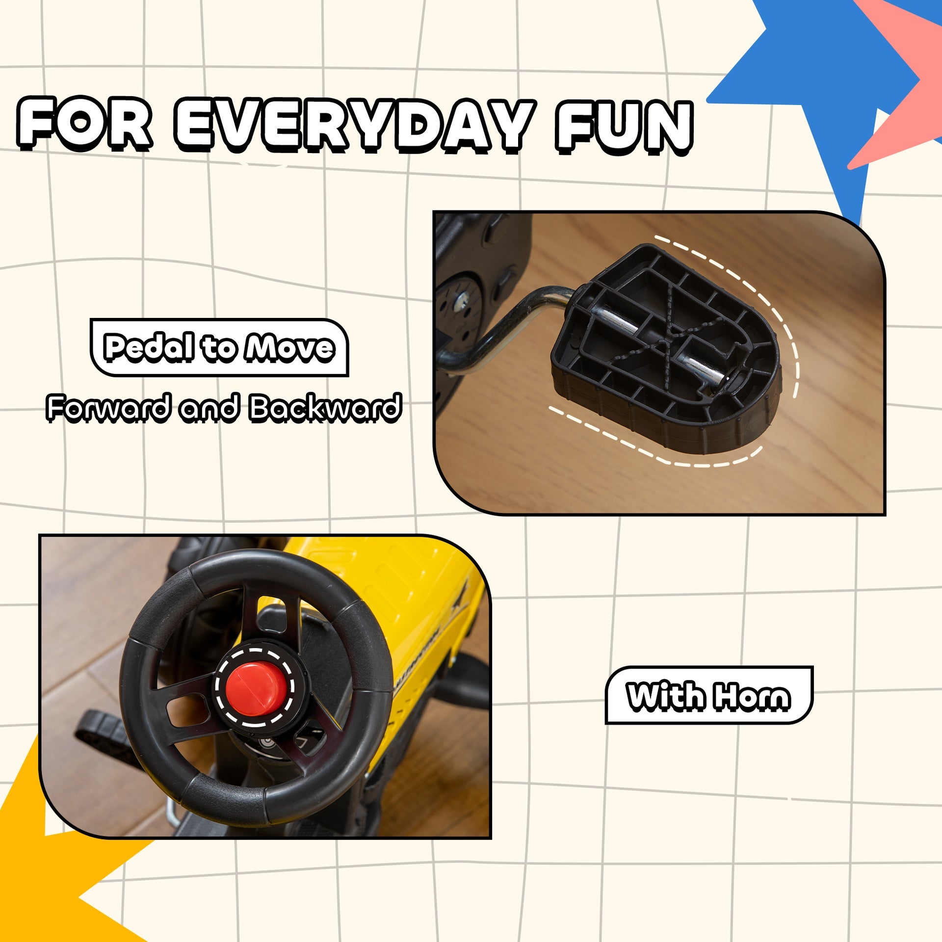 Aosom Kids Ride on Tractor with Back Trailer, Shovel & Rake, Horn, Pedal Go Kart for 3 Years Old, Yellow