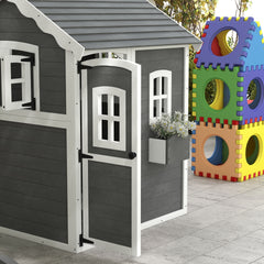Outsunny Outdoor Wooden Playhouse for Kids with Floor, Door, Windows, Planter Box for 3-8 Years Old, Backyard, Lawn, Garden