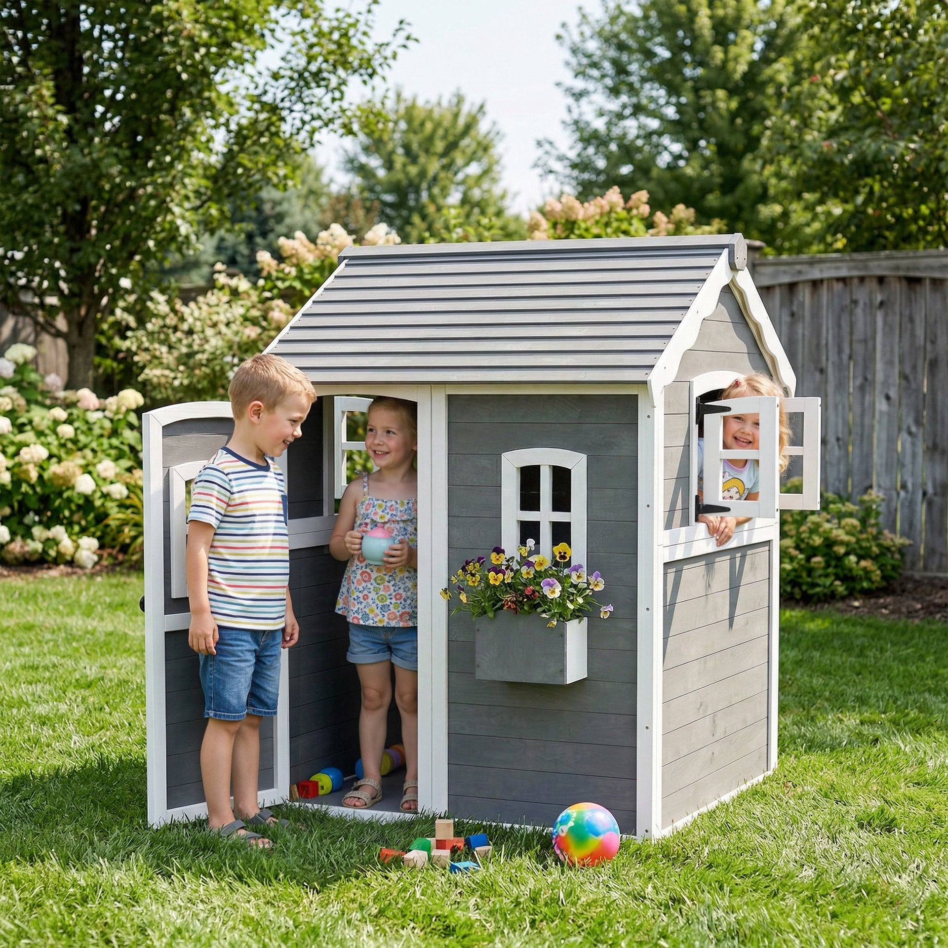 Outsunny Outdoor Wooden Playhouse for Kids with Floor, Door, Windows, Planter Box for 3-8 Years Old, Backyard, Lawn, Garden