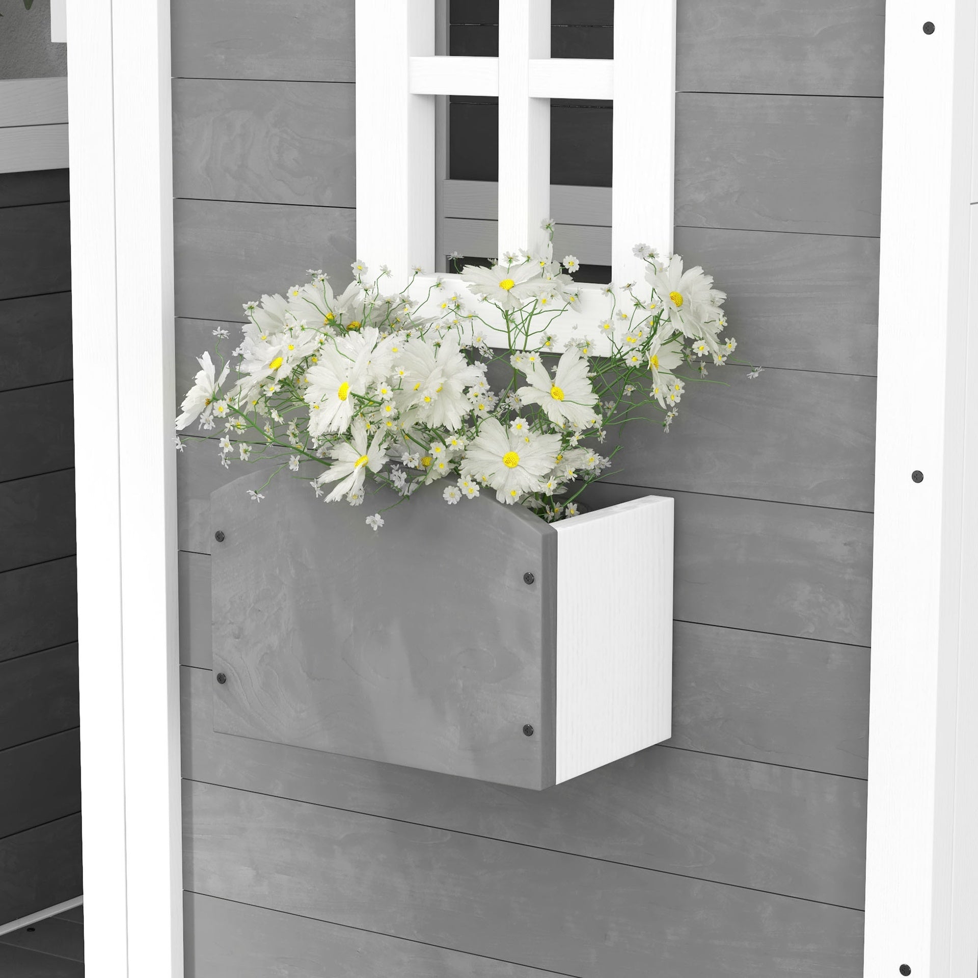 Outsunny Outdoor Wooden Playhouse for Kids with Floor, Door, Windows, Planter Box for 3-8 Years Old, Backyard, Lawn, Garden