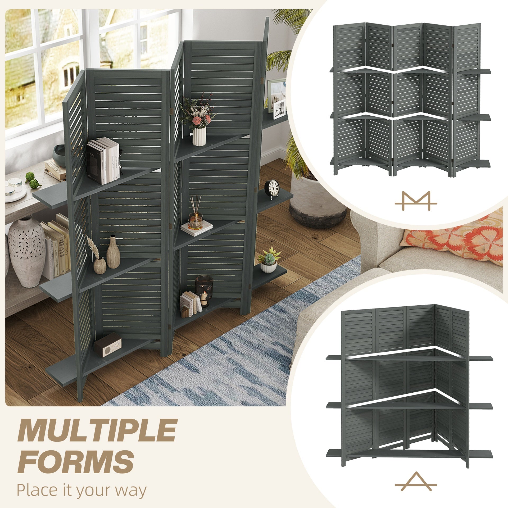 HOMCOM 5 Panel 67" Tall Wood Privacy Screen Room Divider with 3 Shelves and Folding Storage for Bedroom, Gray