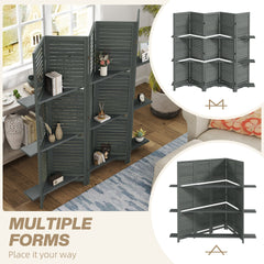HOMCOM 5 Panel 67" Tall Wood Privacy Screen Room Divider with 3 Shelves and Folding Storage for Bedroom, Gray