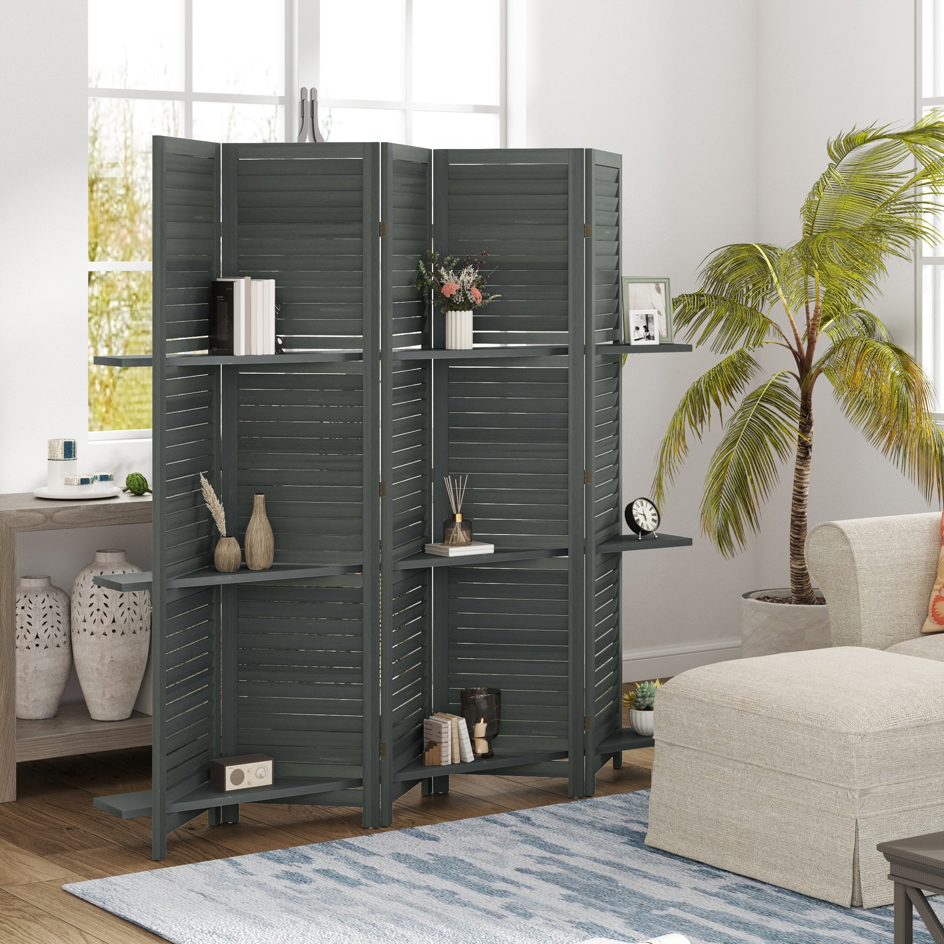 HOMCOM 5 Panel 67" Tall Wood Privacy Screen Room Divider with 3 Shelves and Folding Storage for Bedroom, Gray