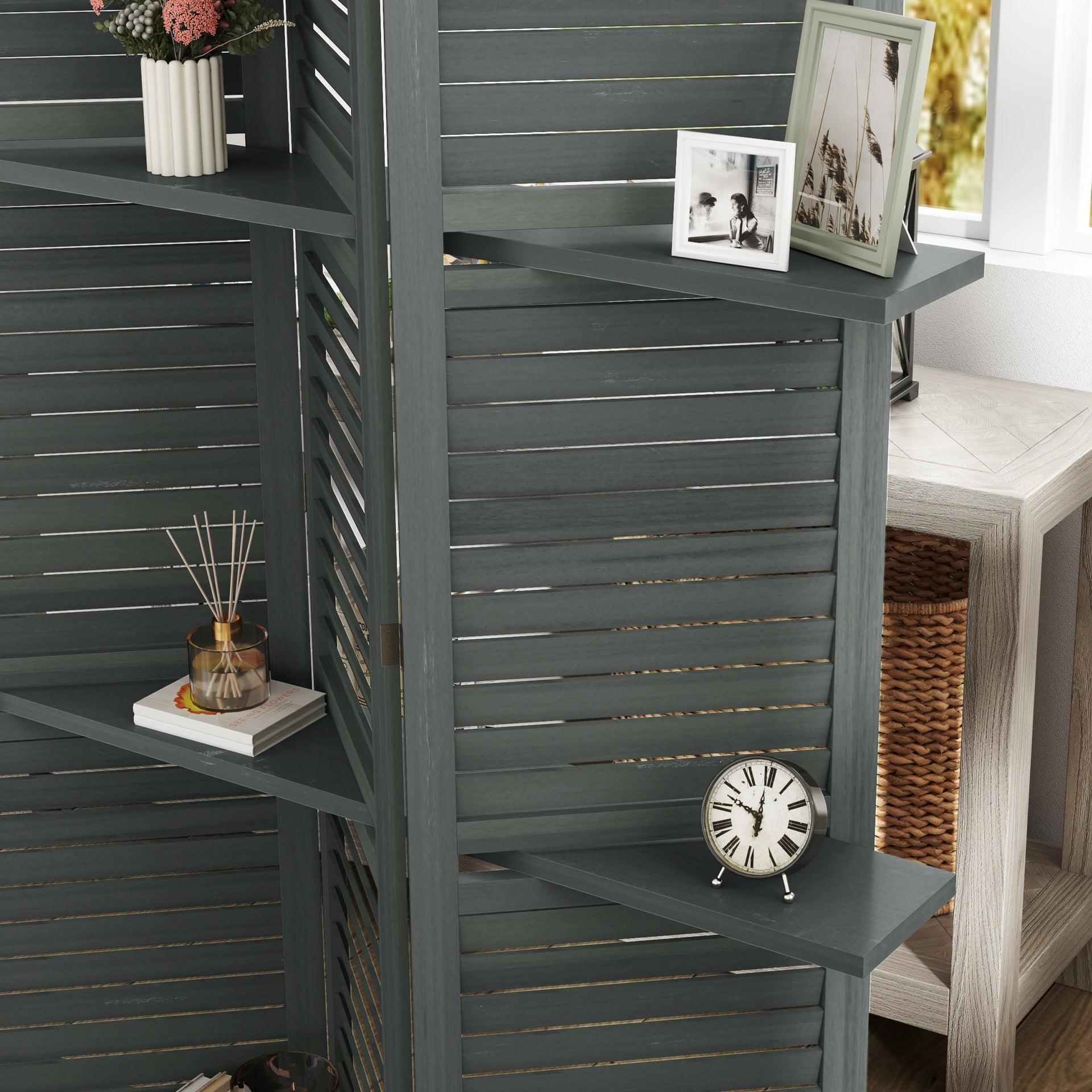 HOMCOM 5 Panel 67" Tall Wood Privacy Screen Room Divider with 3 Shelves and Folding Storage for Bedroom, Gray