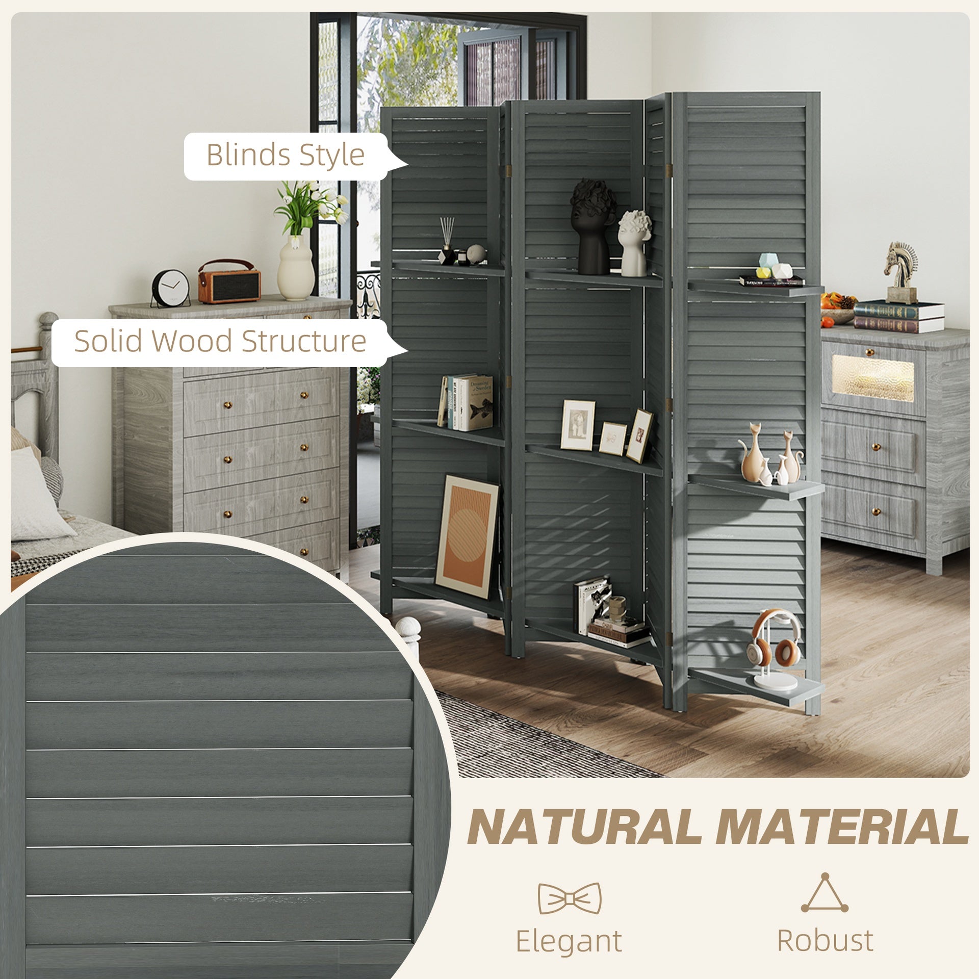 HOMCOM 5 Panel 67" Tall Wood Privacy Screen Room Divider with 3 Shelves and Folding Storage for Bedroom, Gray