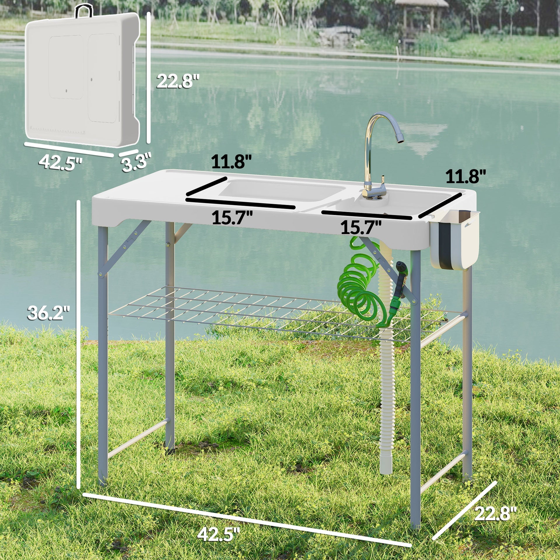 Outsunny Folding Fish Cleaning Table with Sinks, Portable Camping Sink Table with Faucet, Drainage Hose, Sprayer, Shelf, Drawer and Storage Basket, Outdoor Fillet Table for Picnic Beach Patio, White