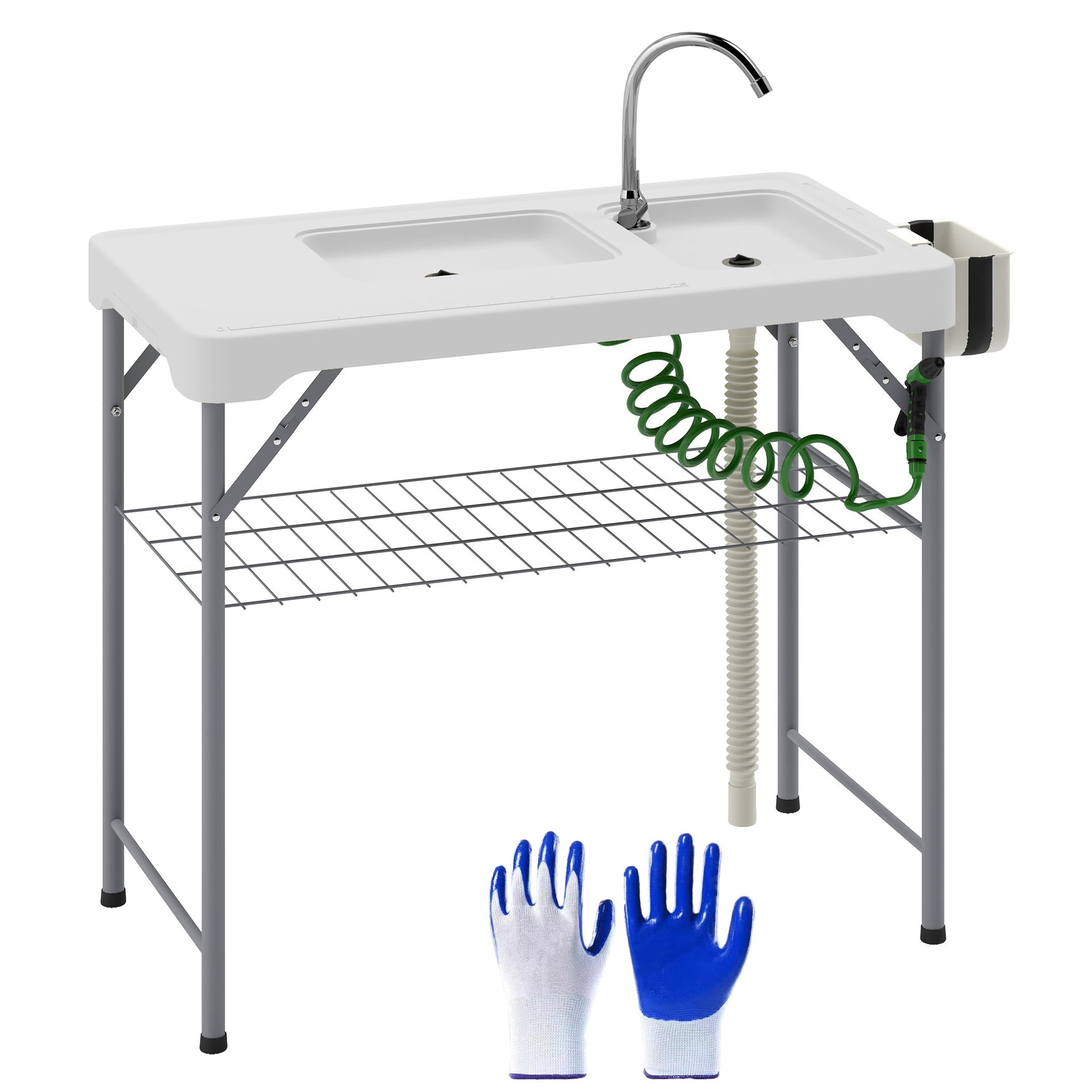 Outsunny Folding Fish Cleaning Table with Sinks, Portable Camping Sink Table with Faucet, Drainage Hose, Sprayer, Shelf, Drawer and Storage Basket, Outdoor Fillet Table for Picnic Beach Patio, White