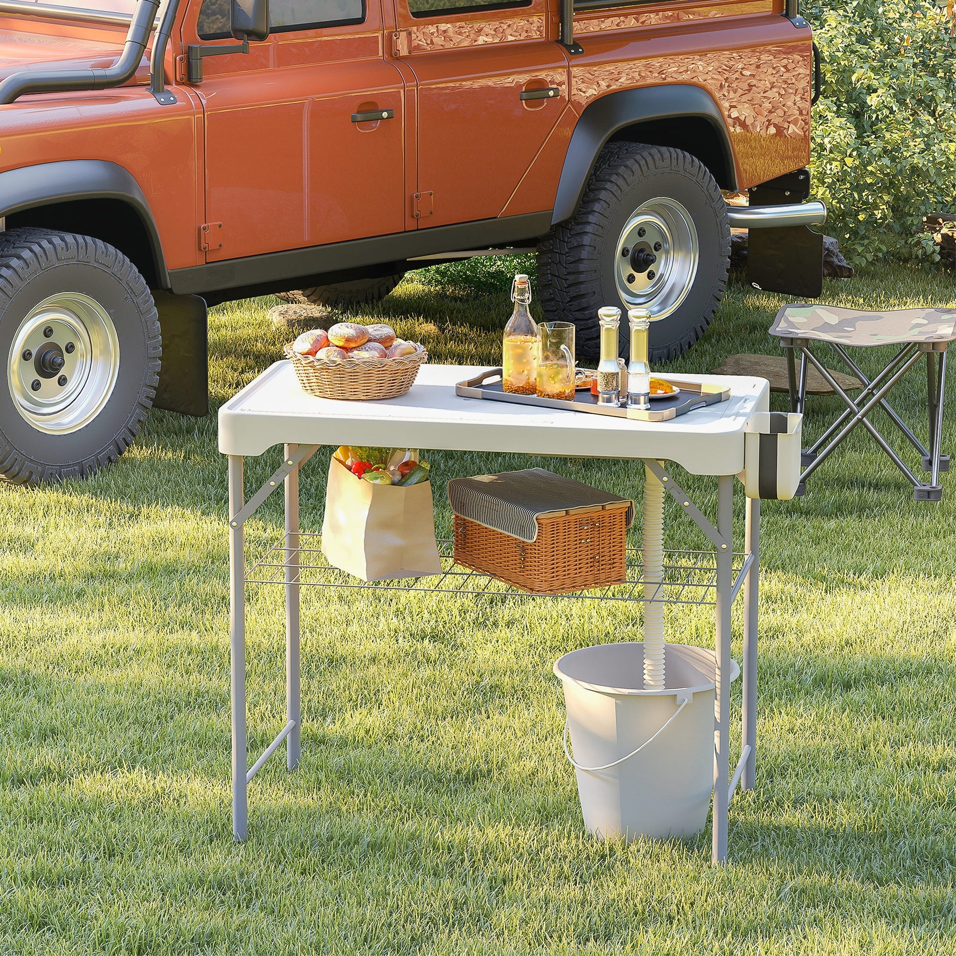 Outsunny Folding Fish Cleaning Table with Sinks, Portable Camping Sink Table with Faucet, Drainage Hose, Sprayer, Shelf, Drawer and Storage Basket, Outdoor Fillet Table for Picnic Beach Patio, White