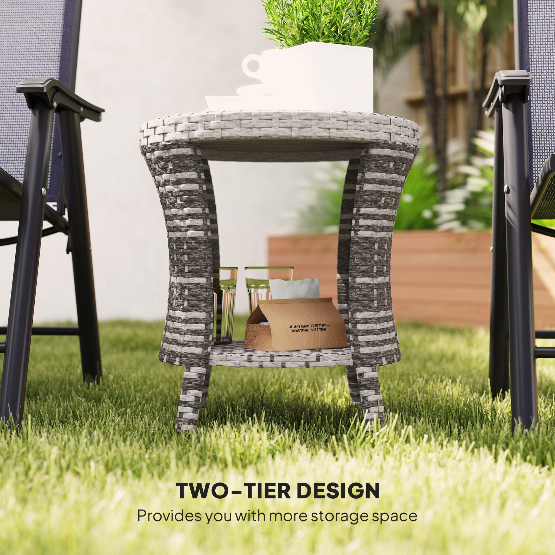 Outsunny 18" Wicker Outdoor Coffee Table, PE Rattan Patio Side Table with 2-Tier Storage, Composite Wood Top, Mixed Gray