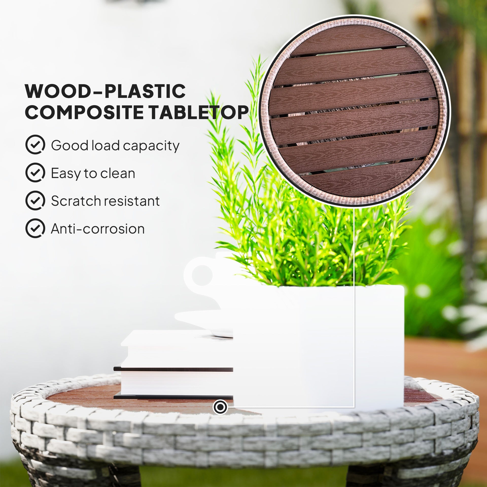 Outsunny 18" Wicker Outdoor Coffee Table, PE Rattan Patio Side Table with 2-Tier Storage, Composite Wood Top, Mixed Gray