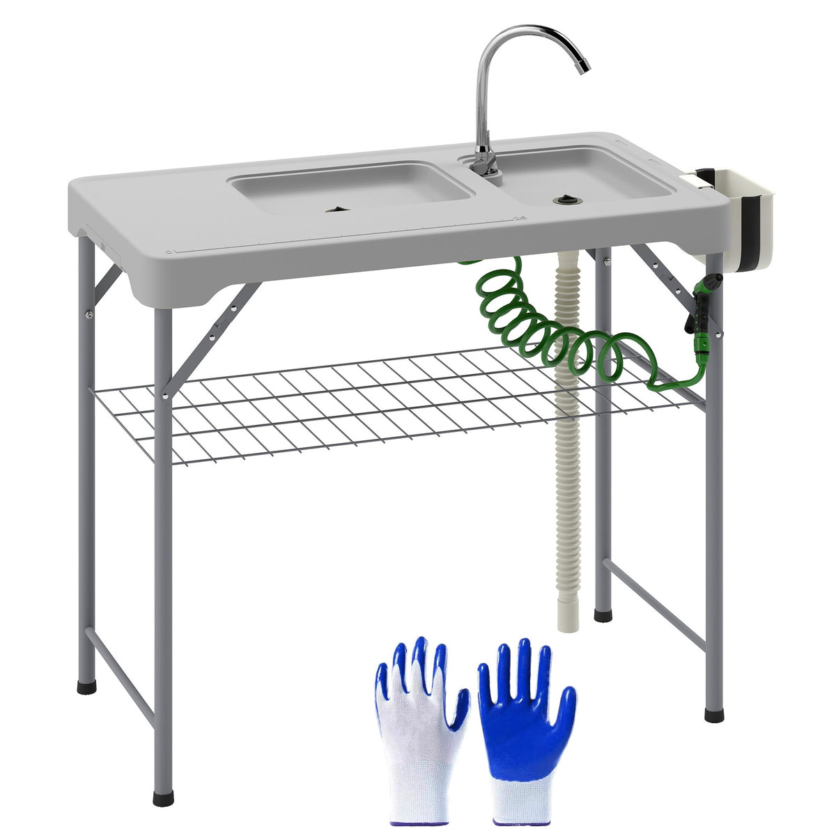 Outsunny Folding Fish Cleaning Table with Sinks, Portable Camping Sink Table with Faucet, Drainage Hose, Sprayer, Shelf, Drawer and Storage Basket, Outdoor Fillet Table for Picnic Beach Patio, Gray