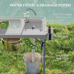 Outsunny Folding Fish Cleaning Table with Sinks, Portable Camping Sink Table with Faucet, Drainage Hose, Sprayer, Shelf, Drawer and Storage Basket, Outdoor Fillet Table for Picnic Beach Patio, Gray