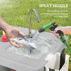 Outsunny Folding Fish Cleaning Table with Sinks, Portable Camping Sink Table with Faucet, Drainage Hose, Sprayer, Shelf, Drawer and Storage Basket, Outdoor Fillet Table for Picnic Beach Patio, Gray