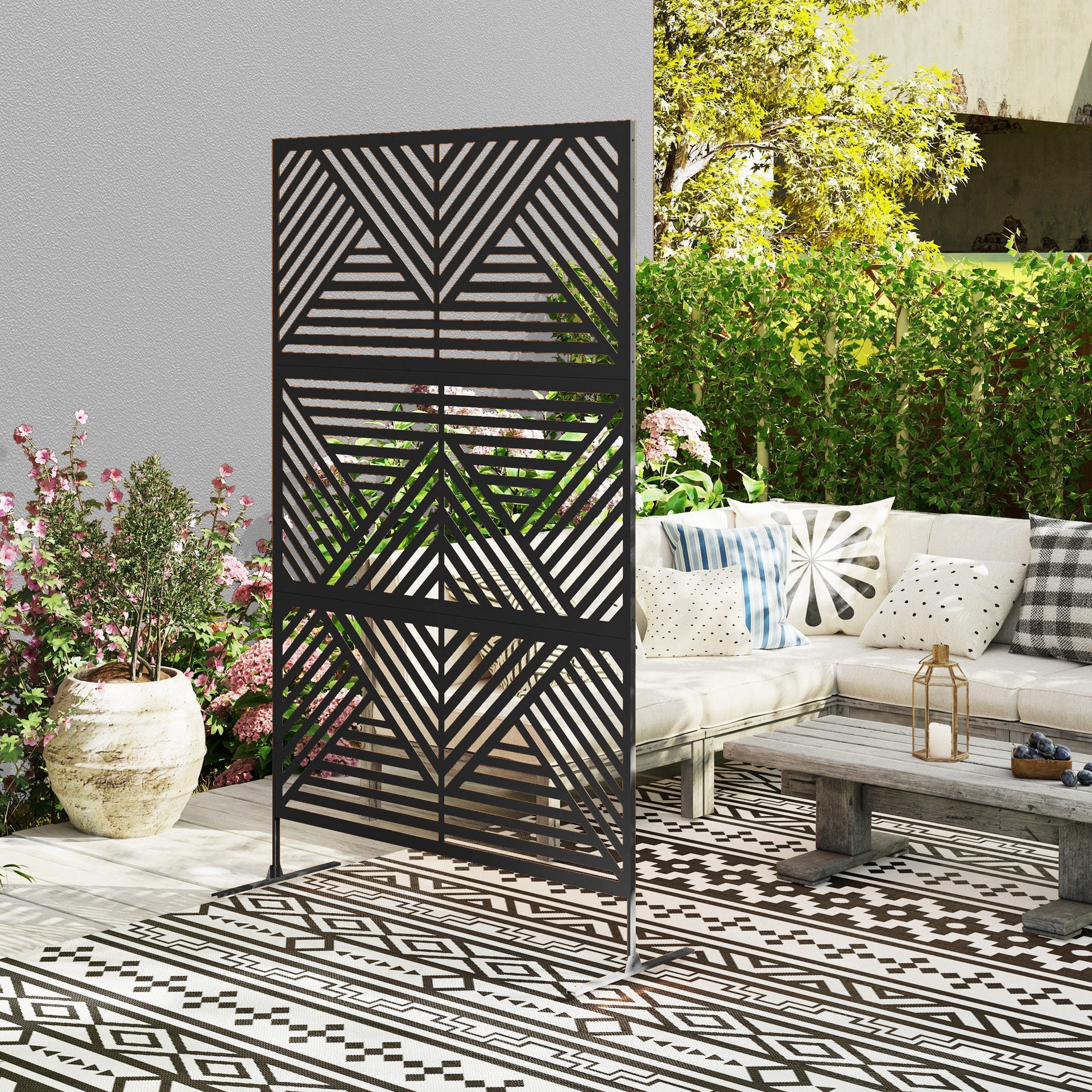 Outsunny Decorative Privacy Fence Screen, Metal Outdoor Privacy Screen Climbing Plant Trellis with Stand, Rhombus Black