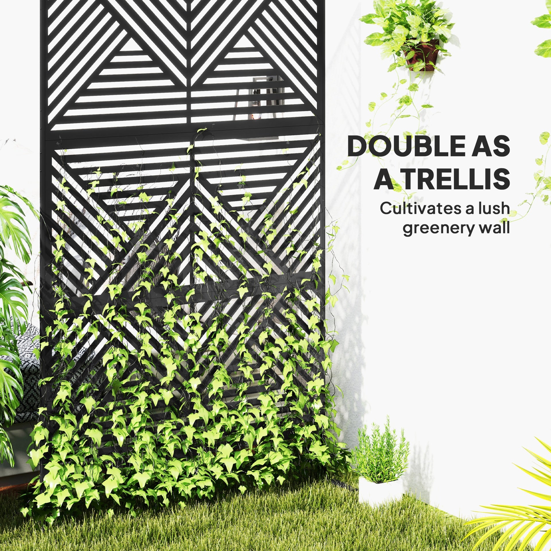 Outsunny Decorative Privacy Fence Screen, Metal Outdoor Privacy Screen Climbing Plant Trellis with Stand, Rhombus Black