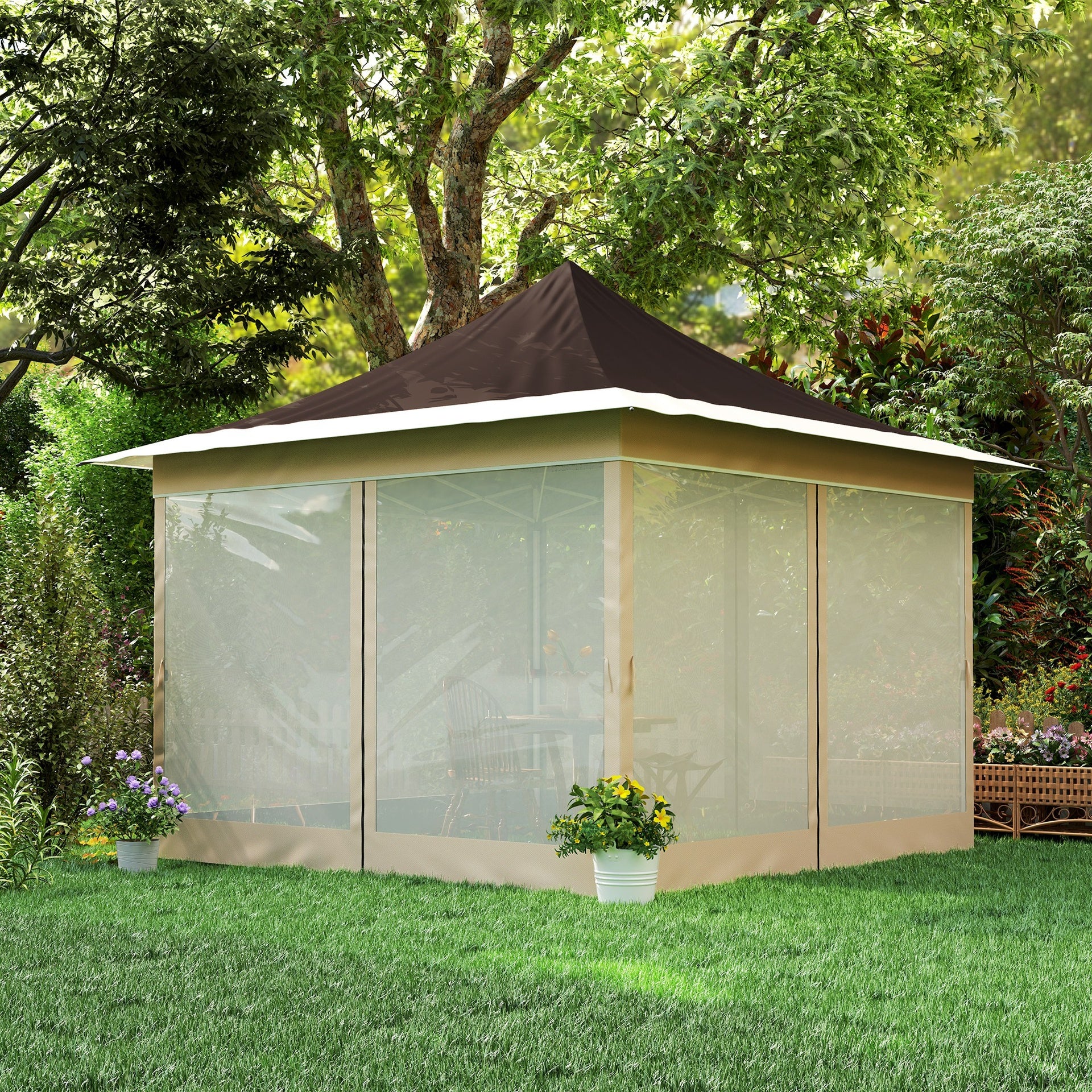 Outsunny 12 x 12 ft. Canopy Tent with Mesh Netting, UPF50+ Pop Up Tent with Carry Bag for Garden, Patio, Brown