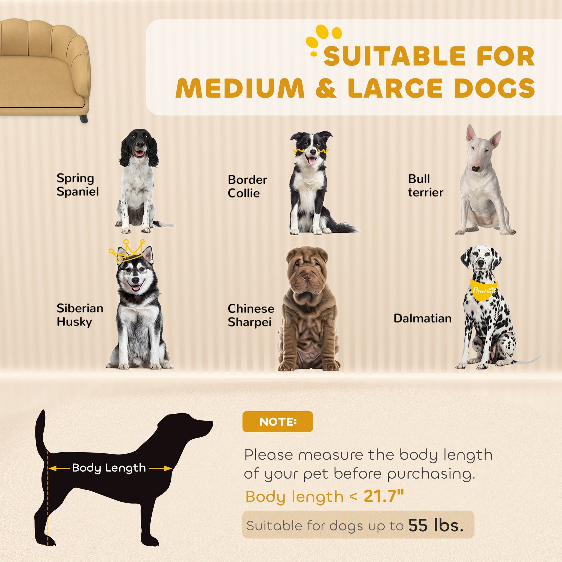 PawHut Pearl Design Pet Sofa for Medium and Large Sized Dogs, Pet Bed with Cushion and Solid Wood Legs, Coffee