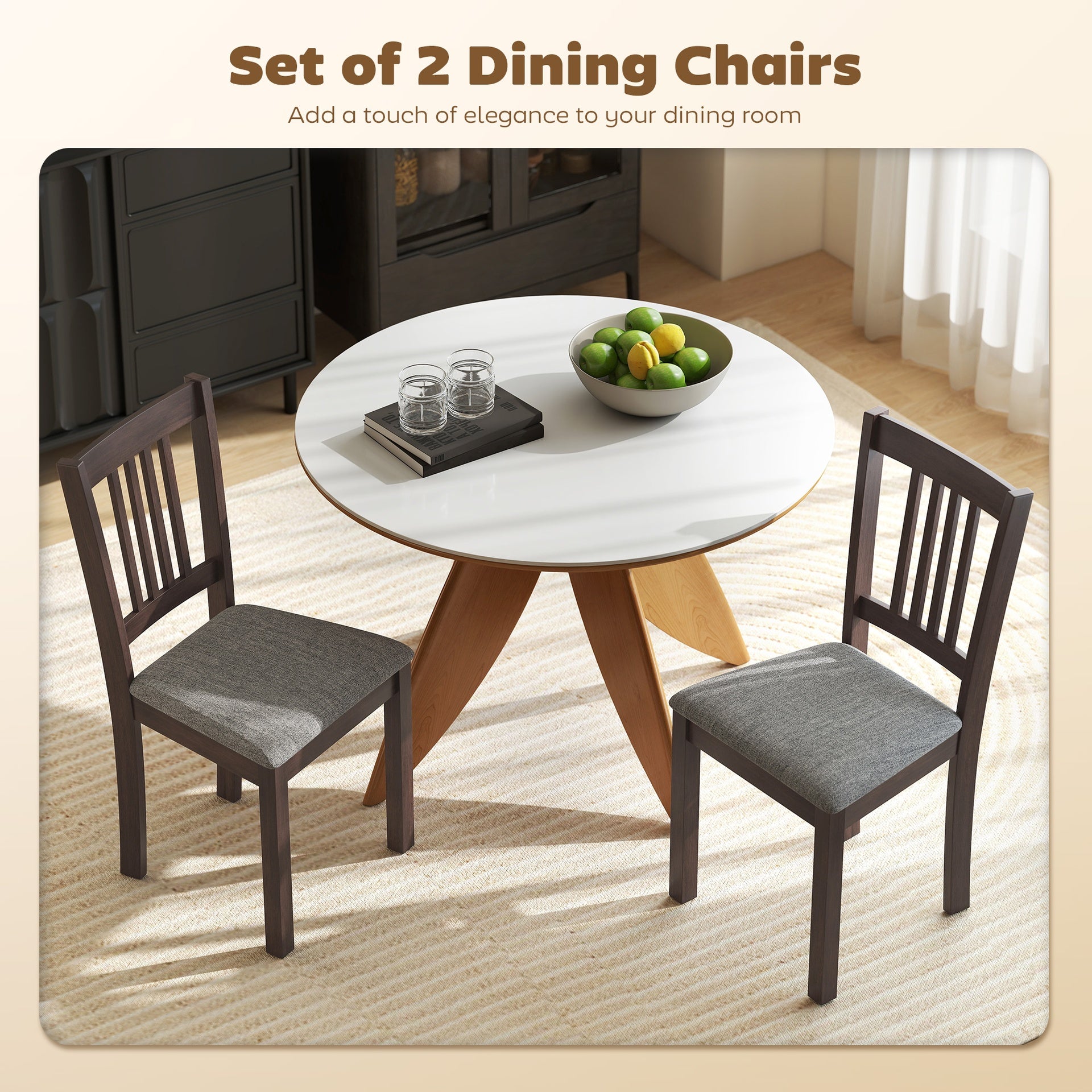 HOMCOM Dining Chairs Set of 2 Linen Upholstered Kitchen Chairs with Rubberwood Legs for Dining Room Living Room Espresso Gray