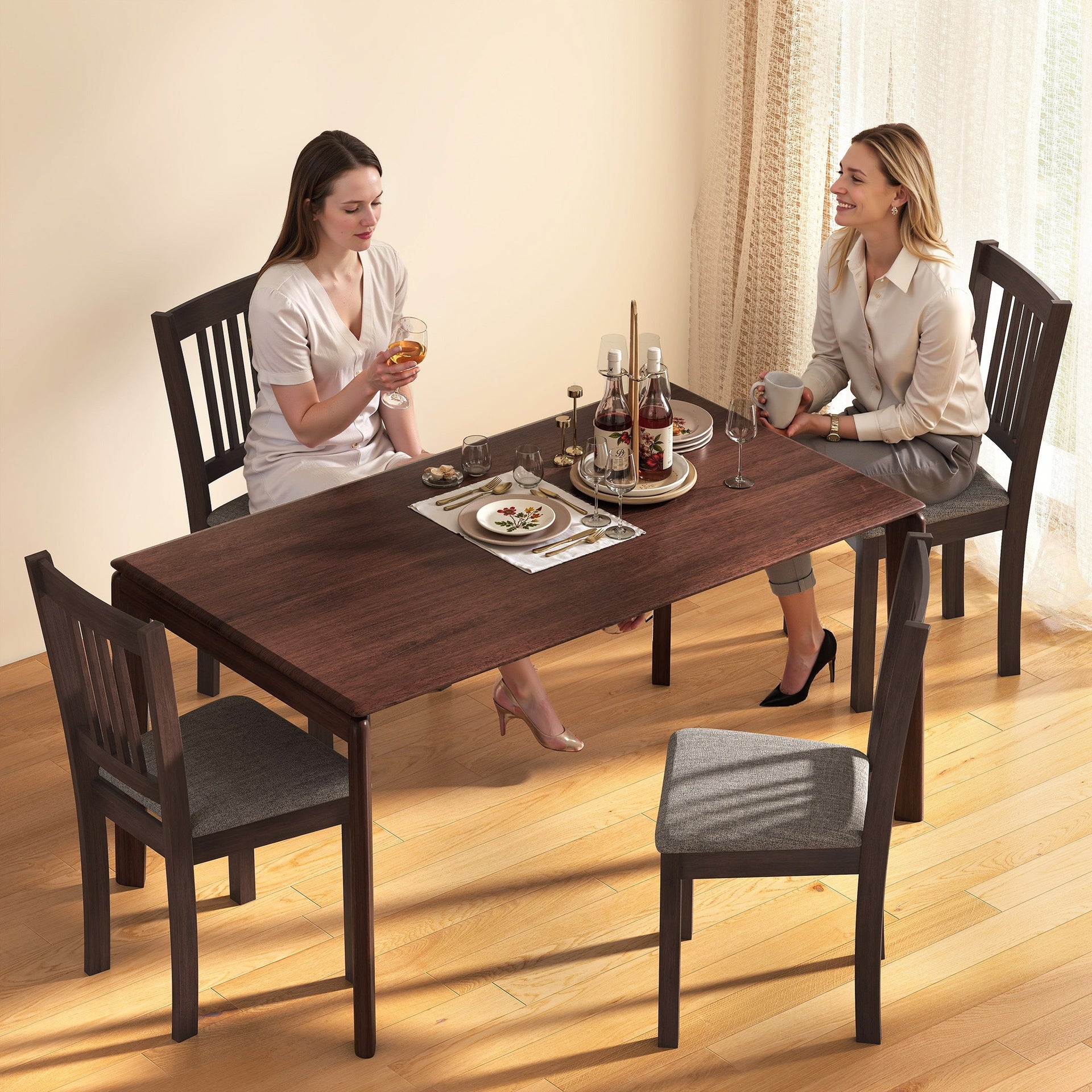 HOMCOM Dining Chairs Set of 2 Linen Upholstered Kitchen Chairs with Rubberwood Legs for Dining Room Living Room Espresso Gray