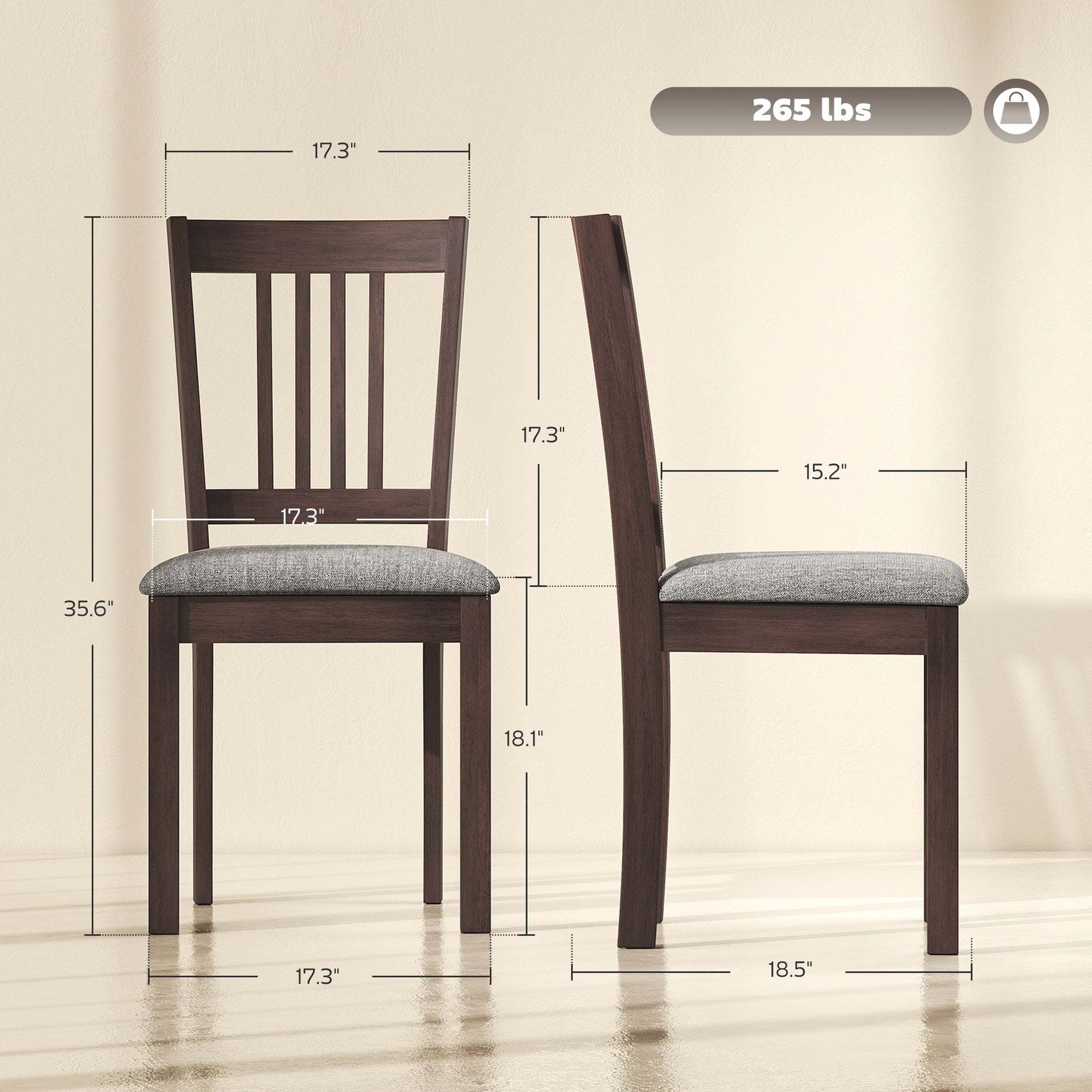 HOMCOM Dining Chairs Set of 2 Linen Upholstered Kitchen Chairs with Rubberwood Legs for Dining Room Living Room Espresso Gray