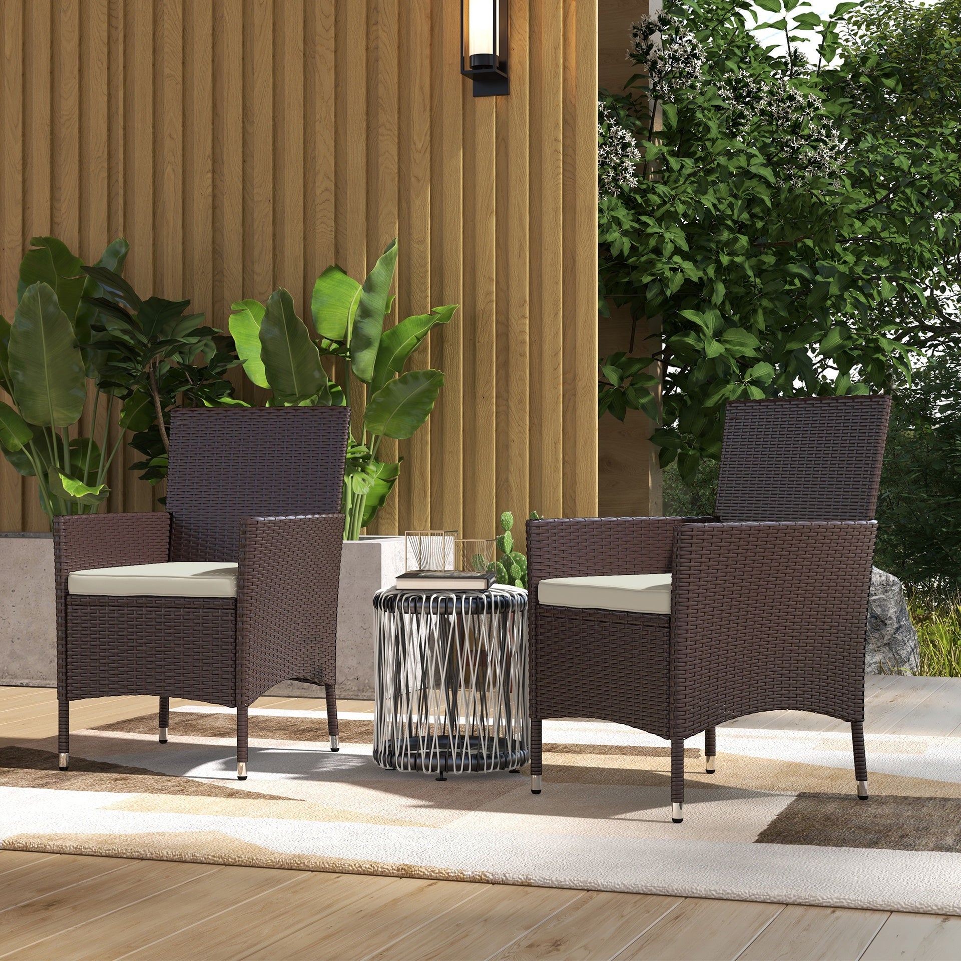 Outsunny 2 PCS Rattan Wicker Dining Chairs with Cushions and Anti-Slip Foot, Patio Stackable Chairs Set for Backyard, Garden, Lawn, Dark Coffee