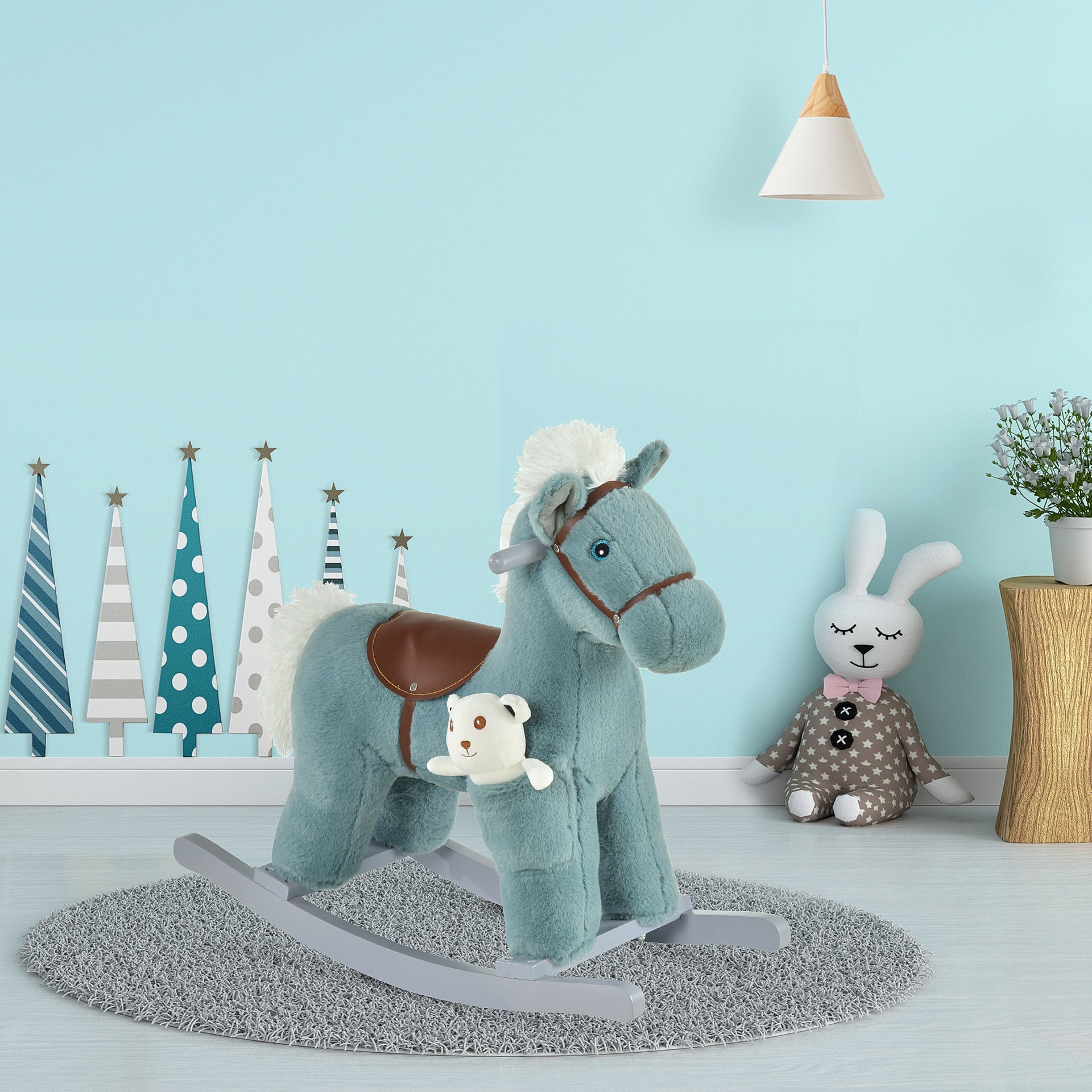 Qaba Kids Rocking Horse with Bear Toy, Plush Animal Rocker with Fun Realistic Sounds for Toddler 18-36 Months, Blue