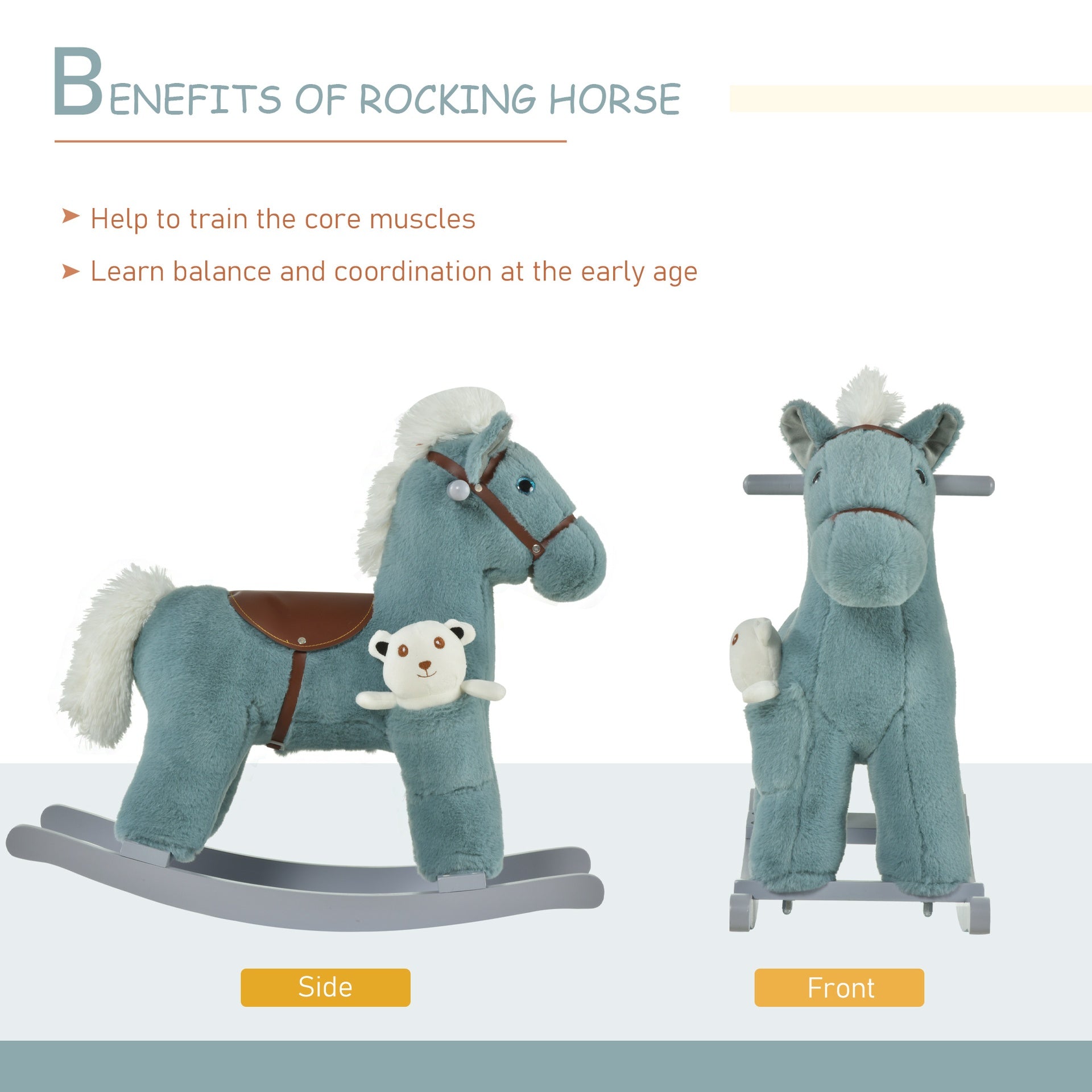 Qaba Kids Rocking Horse with Bear Toy, Plush Animal Rocker with Fun Realistic Sounds for Toddler 18-36 Months, Blue