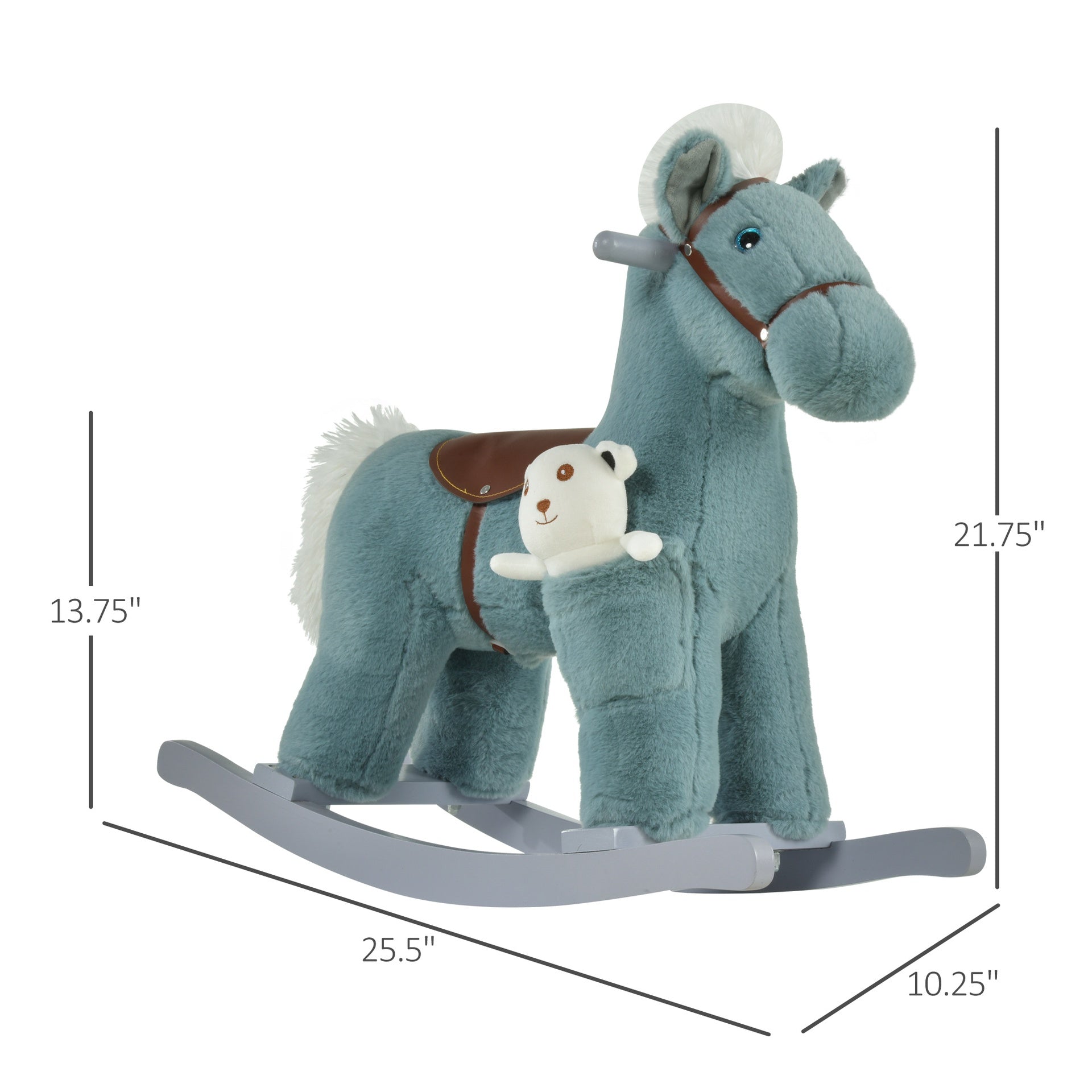 Qaba Kids Rocking Horse with Bear Toy, Plush Animal Rocker with Fun Realistic Sounds for Toddler 18-36 Months, Blue