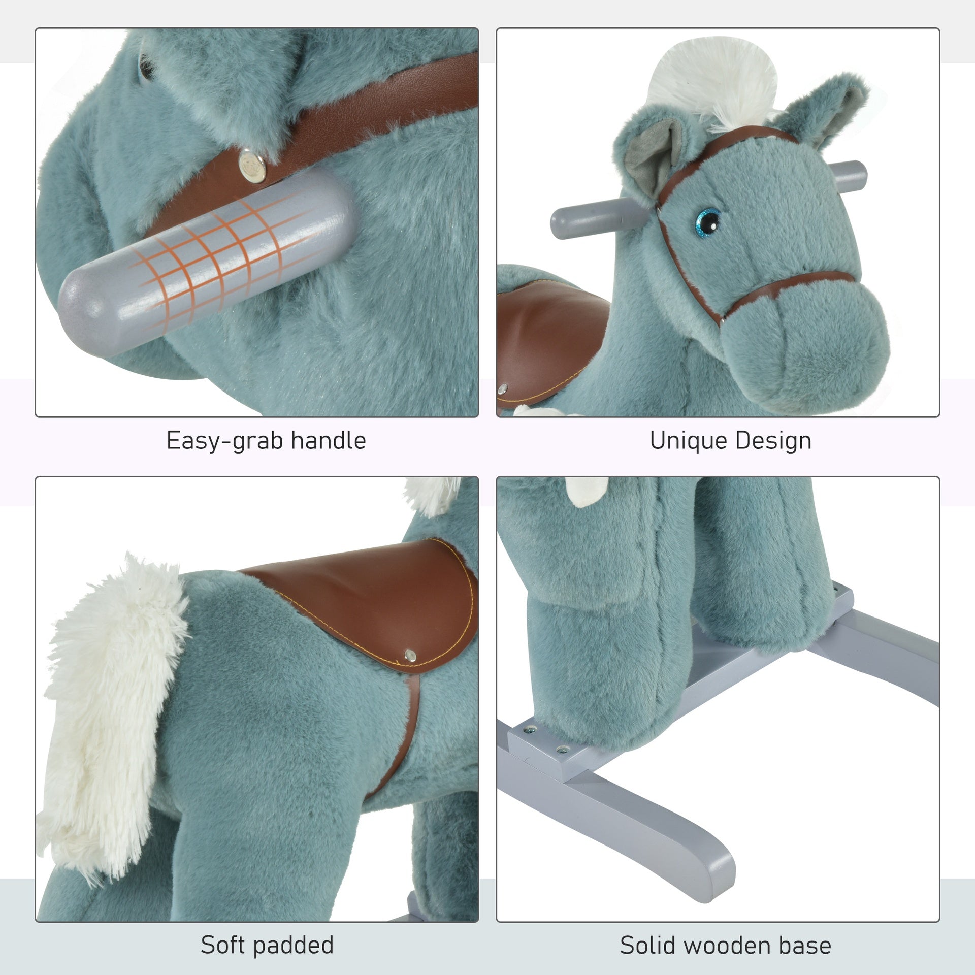 Qaba Kids Rocking Horse with Bear Toy, Plush Animal Rocker with Fun Realistic Sounds for Toddler 18-36 Months, Blue