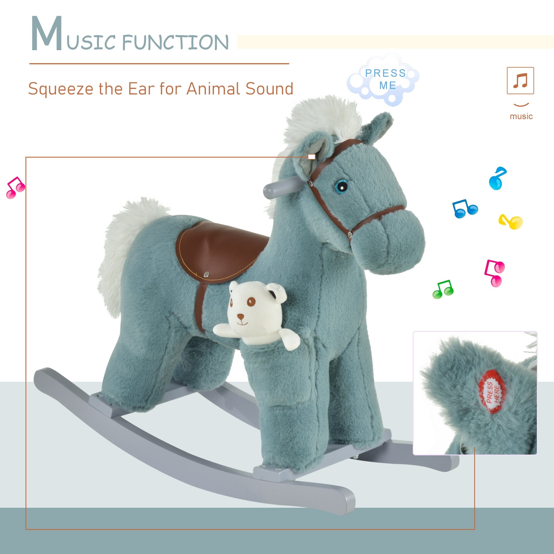 Qaba Kids Rocking Horse with Bear Toy, Plush Animal Rocker with Fun Realistic Sounds for Toddler 18-36 Months, Blue