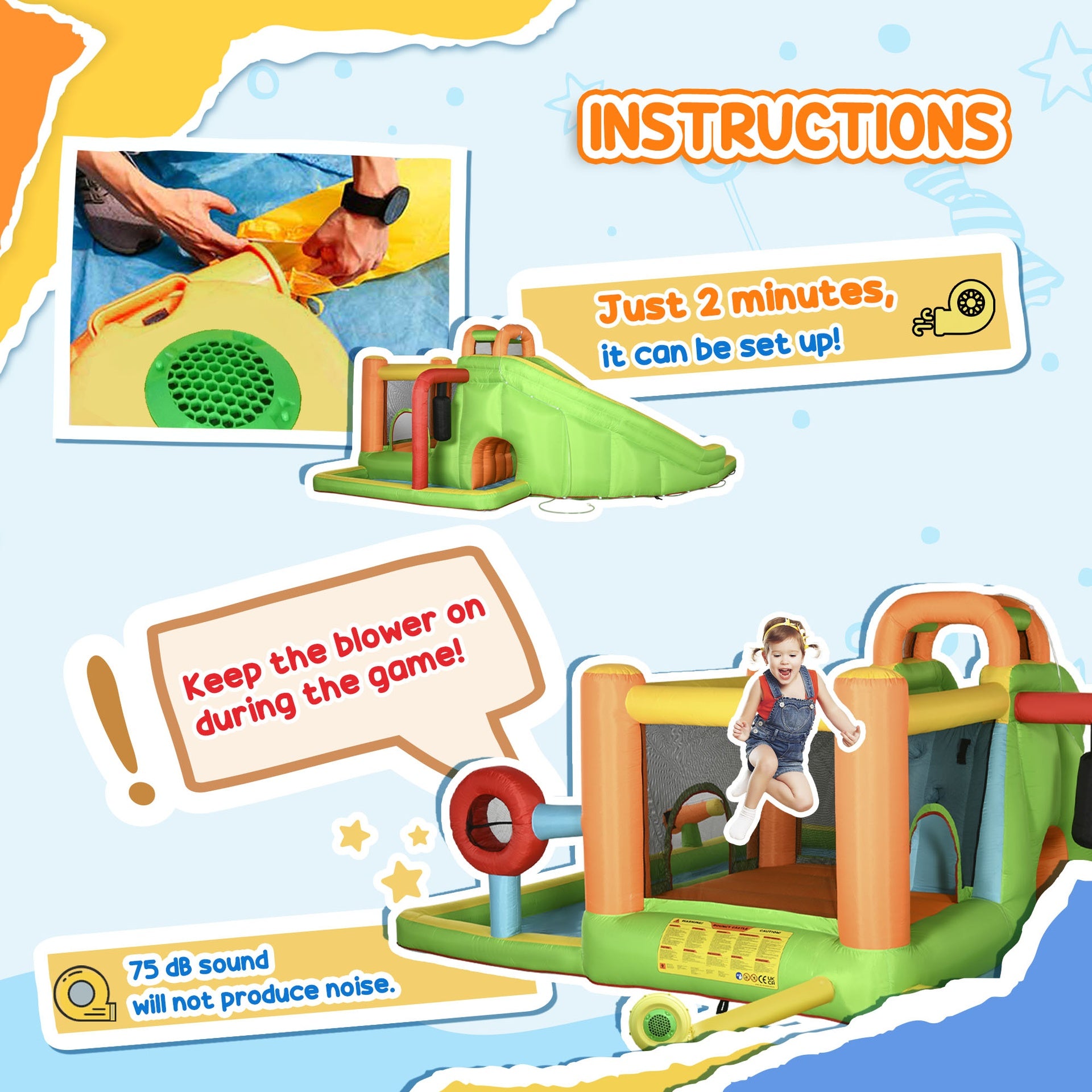 Outsunny 7-in-1 Inflatable Water Slide, Kids Castle Bounce House Includes Slide, trampoline, Pool, Water Cannon, Ball-target, Boxing Post, Tunnel with Carry Bag, Repair Patches, 750W Air Blower