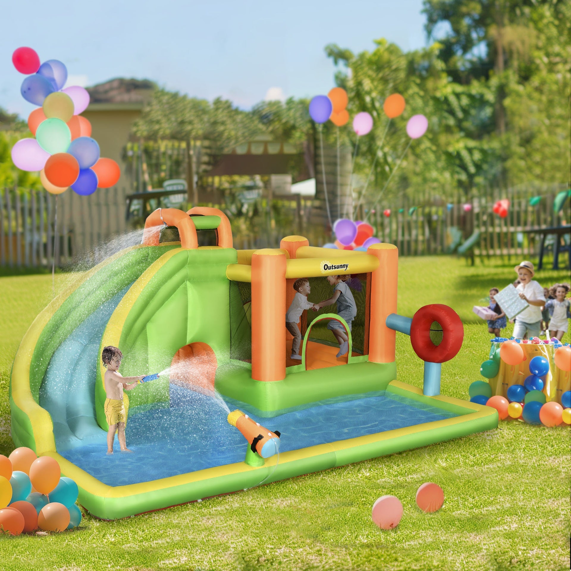 Outsunny 7-in-1 Inflatable Water Slide, Kids Castle Bounce House Includes Slide, trampoline, Pool, Water Cannon, Ball-target, Boxing Post, Tunnel with Carry Bag, Repair Patches, 750W Air Blower