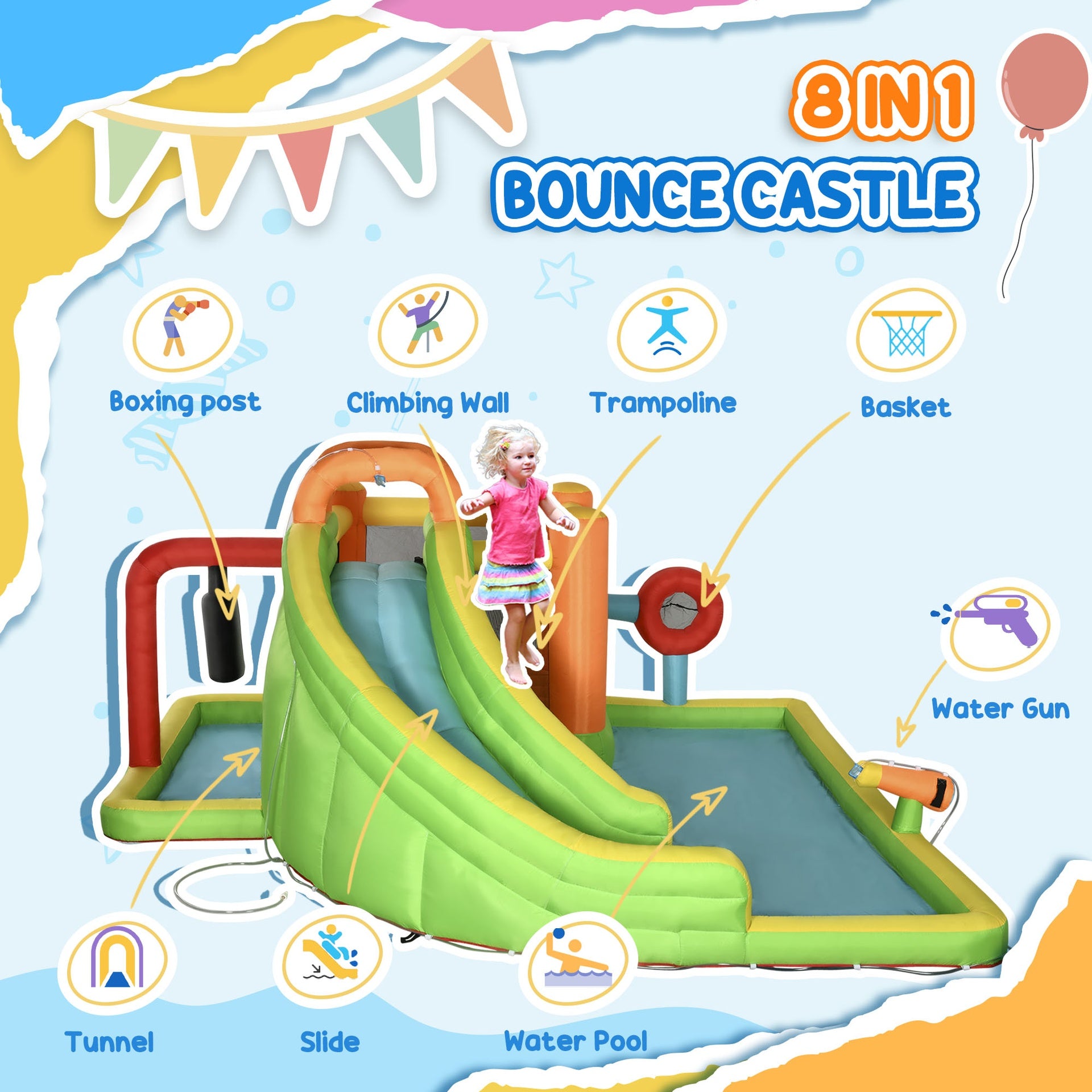 Outsunny 7-in-1 Inflatable Water Slide, Kids Castle Bounce House Includes Slide, trampoline, Pool, Water Cannon, Ball-target, Boxing Post, Tunnel with Carry Bag, Repair Patches, 750W Air Blower