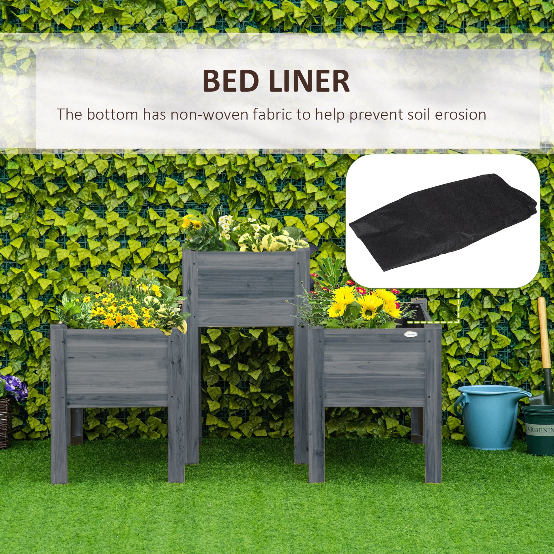 Outsunny Raised Garden Bed Set of 3, Elevated Wood Planter Box with Legs and Bed Liner for Backyard and Patio to Grow Vegetables, Herbs, Gray