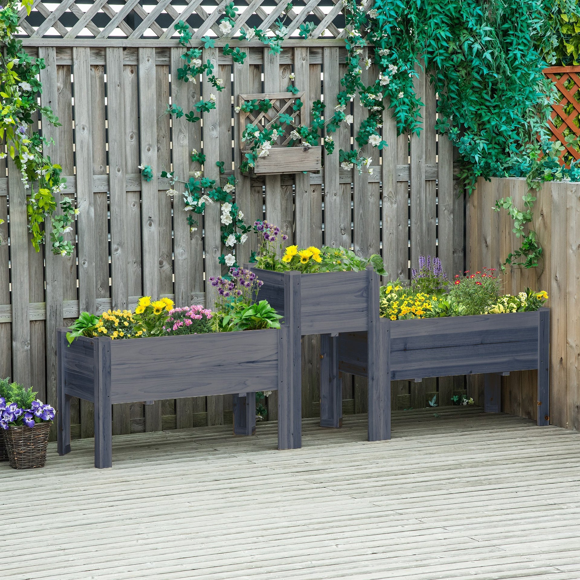 Outsunny Raised Garden Bed Set of 3, Elevated Wood Planter Box with Legs and Bed Liner for Backyard and Patio to Grow Vegetables, Herbs, Gray