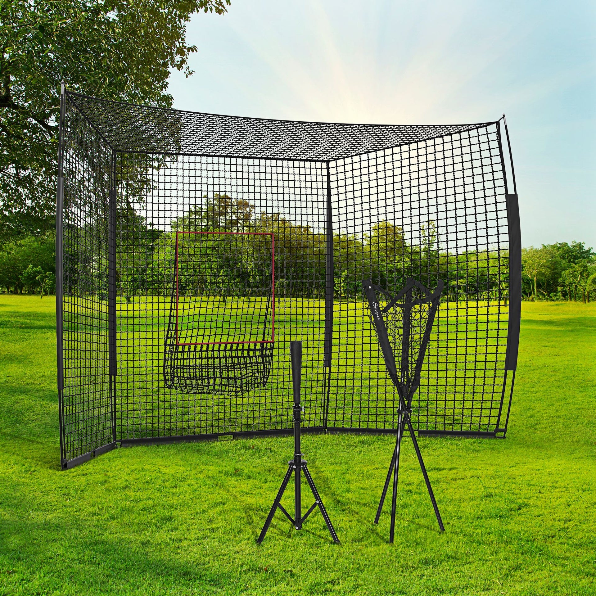 Soozier Softball and Baseball Net with Strike Zone, Tee, Caddy, and Portable Carry Bag for Pitching and Hitting Training