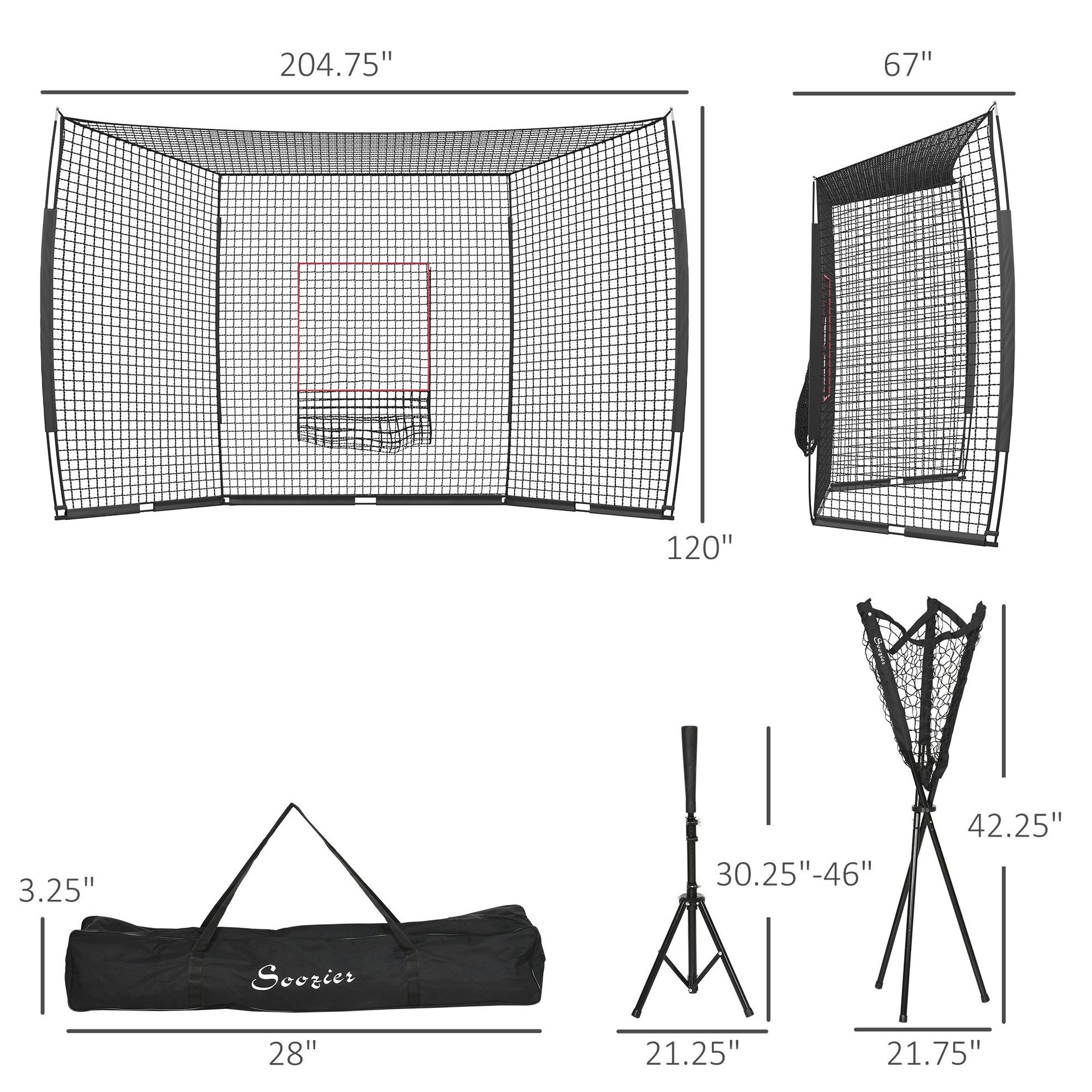 Soozier Softball and Baseball Net with Strike Zone, Tee, Caddy, and Portable Carry Bag for Pitching and Hitting Training