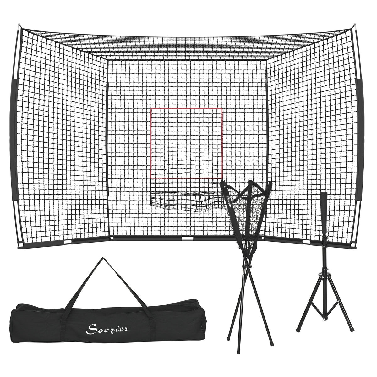 Soozier Softball and Baseball Net with Strike Zone, Tee, Caddy, and Portable Carry Bag for Pitching and Hitting Training
