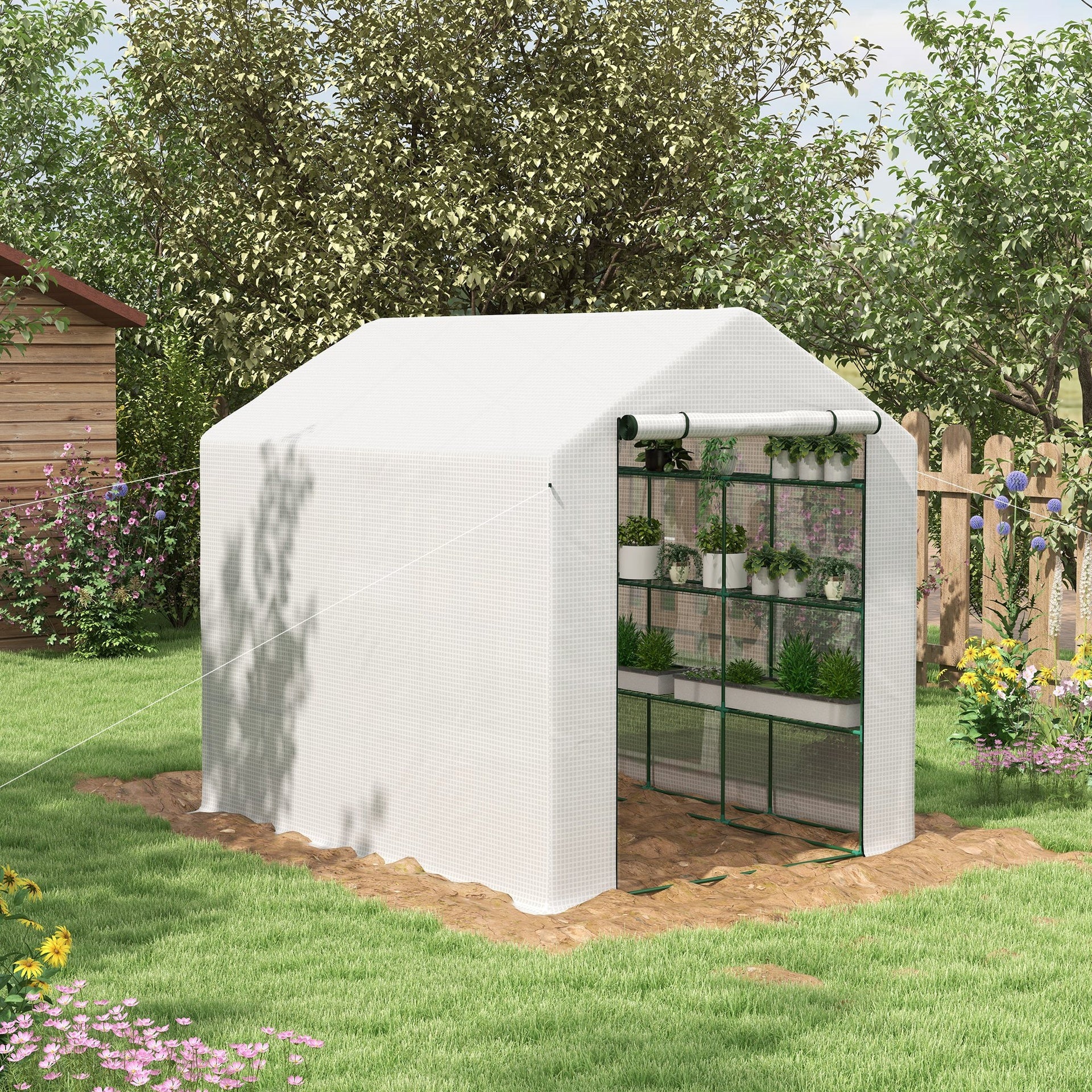 Outsunny Outdoor Walk-in Greenhouse with Roll-up Zipper Door, 18 Shelves, PE Cover, 95.25" x 70.75" x 82.75", White