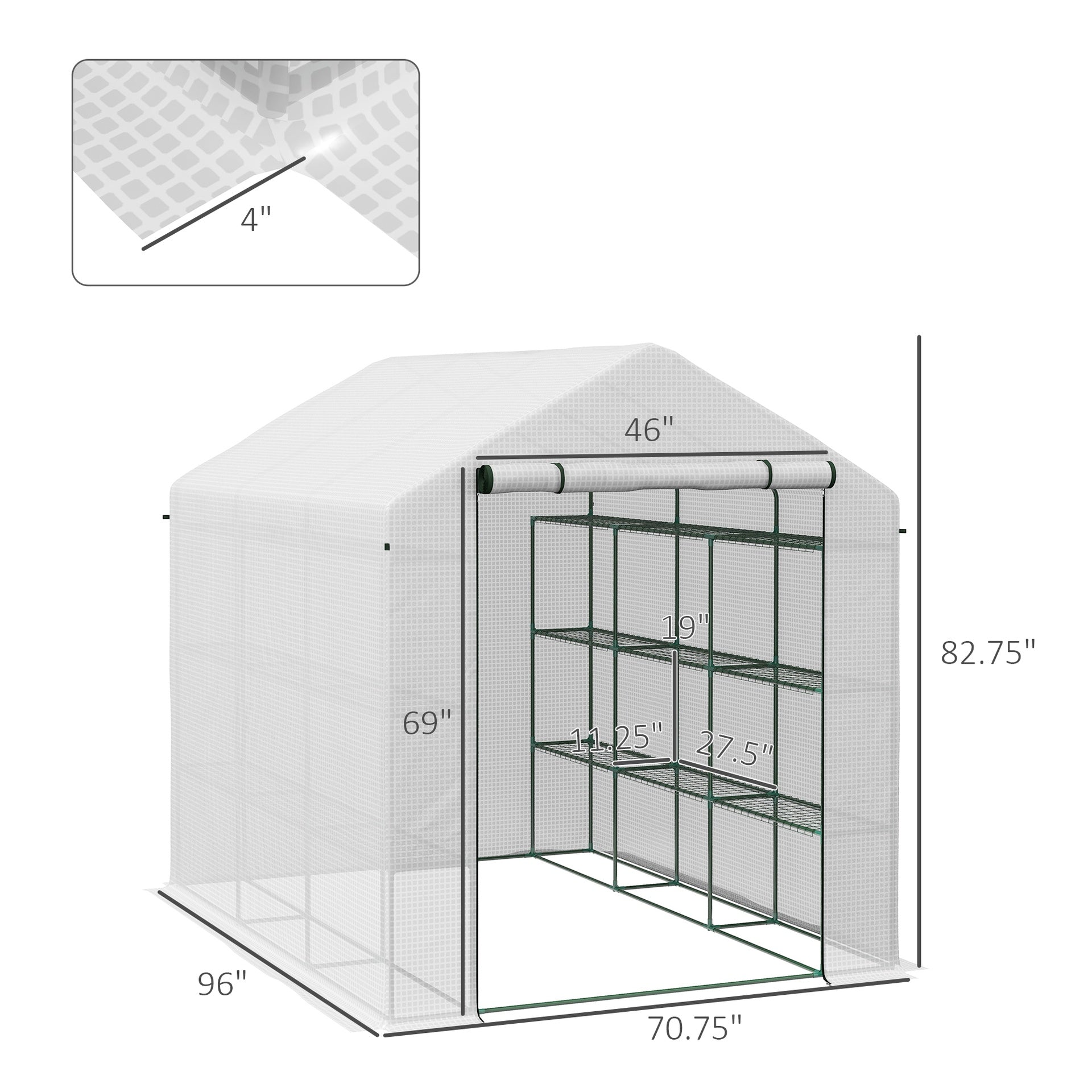 Outsunny Outdoor Walk-in Greenhouse with Roll-up Zipper Door, 18 Shelves, PE Cover, 95.25" x 70.75" x 82.75", White