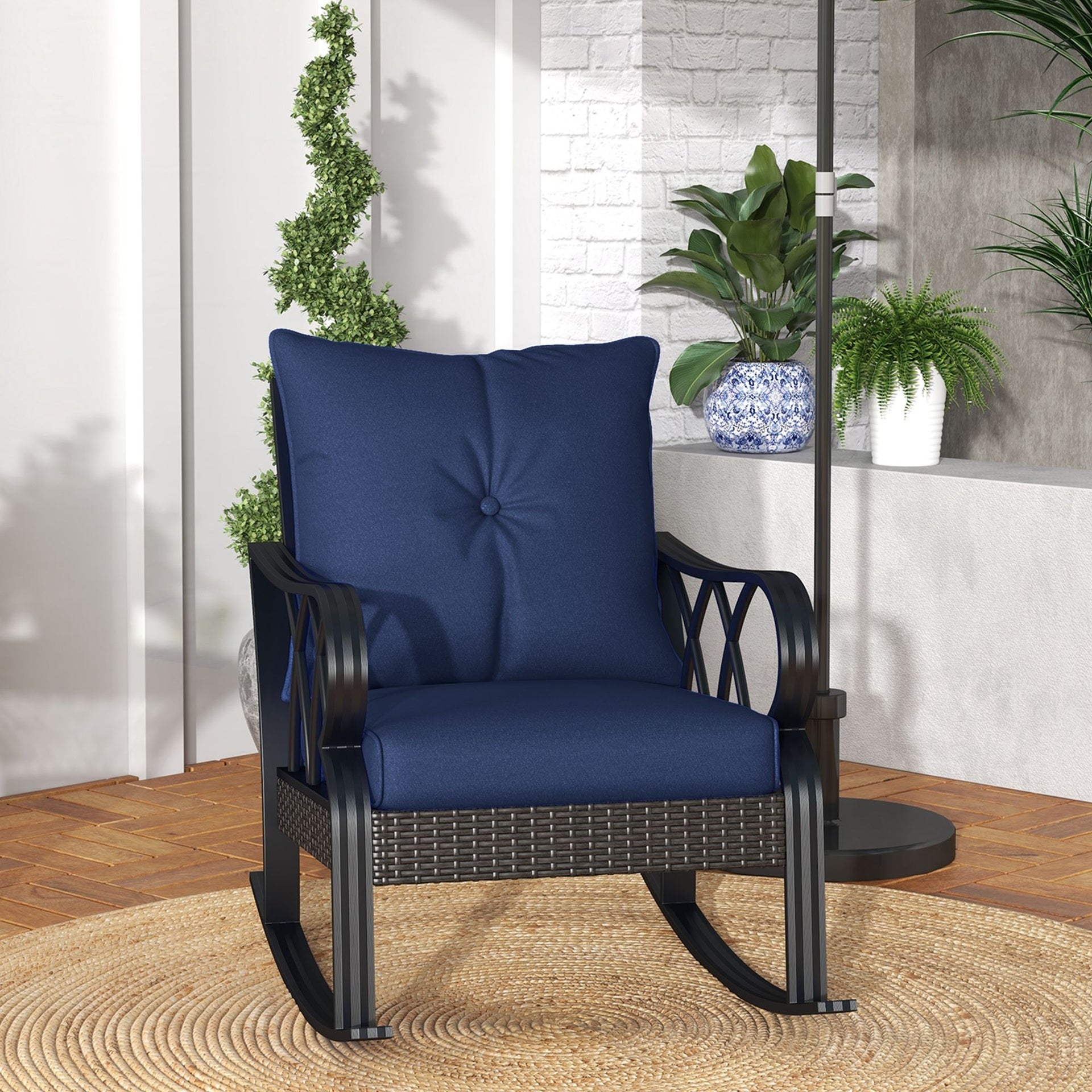 Outsunny Outdoor Wicker Rocking Chair with Padded Cushions, Aluminum Furniture, Rattan Porch Rocker Chair w/ Armrest, Navy Blue