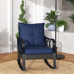Outsunny Outdoor Wicker Rocking Chair with Padded Cushions, Aluminum Furniture, Rattan Porch Rocker Chair w/ Armrest, Navy Blue