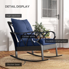 Outsunny Outdoor Wicker Rocking Chair with Padded Cushions, Aluminum Furniture, Rattan Porch Rocker Chair w/ Armrest, Navy Blue
