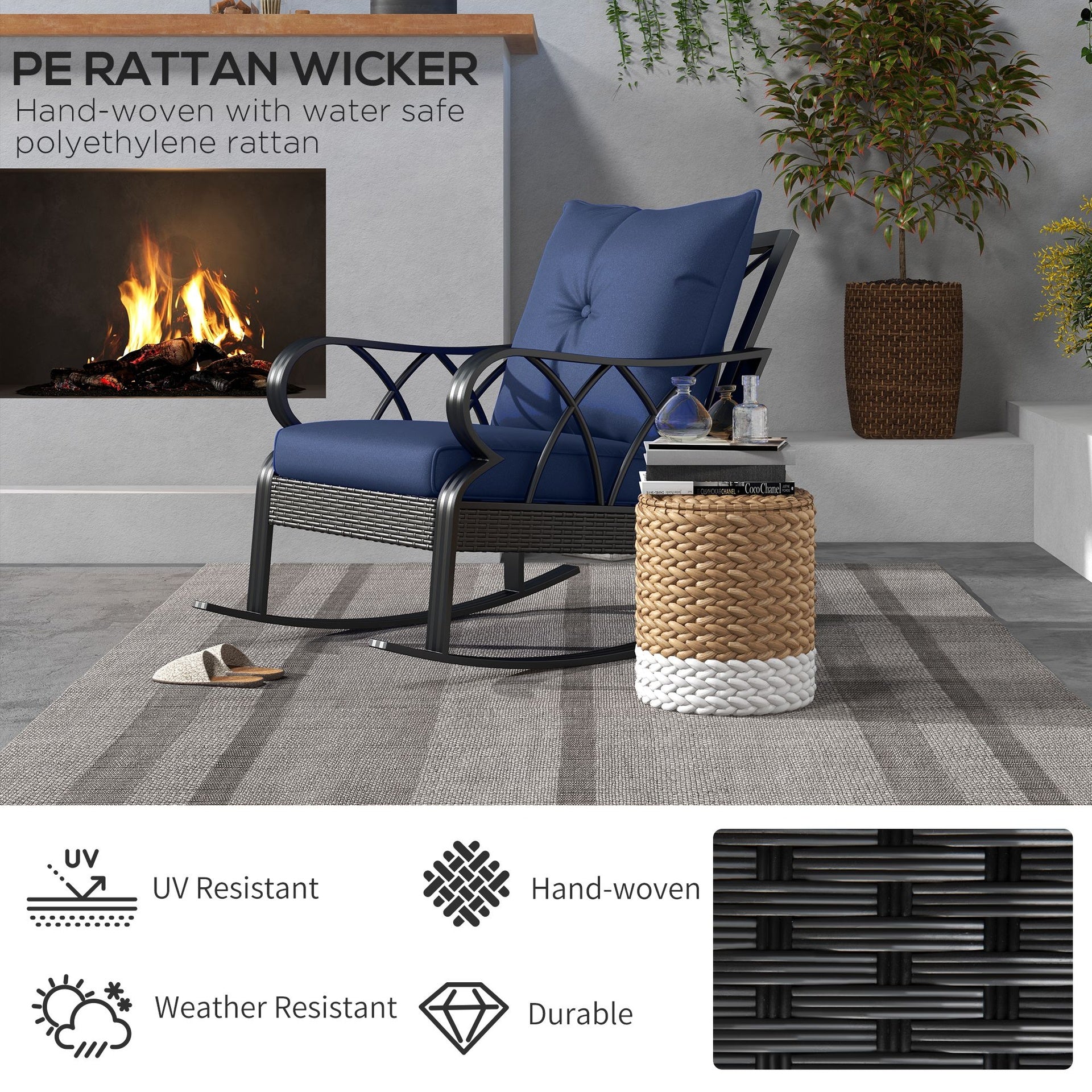 Outsunny Outdoor Wicker Rocking Chair with Padded Cushions, Aluminum Furniture, Rattan Porch Rocker Chair w/ Armrest, Navy Blue