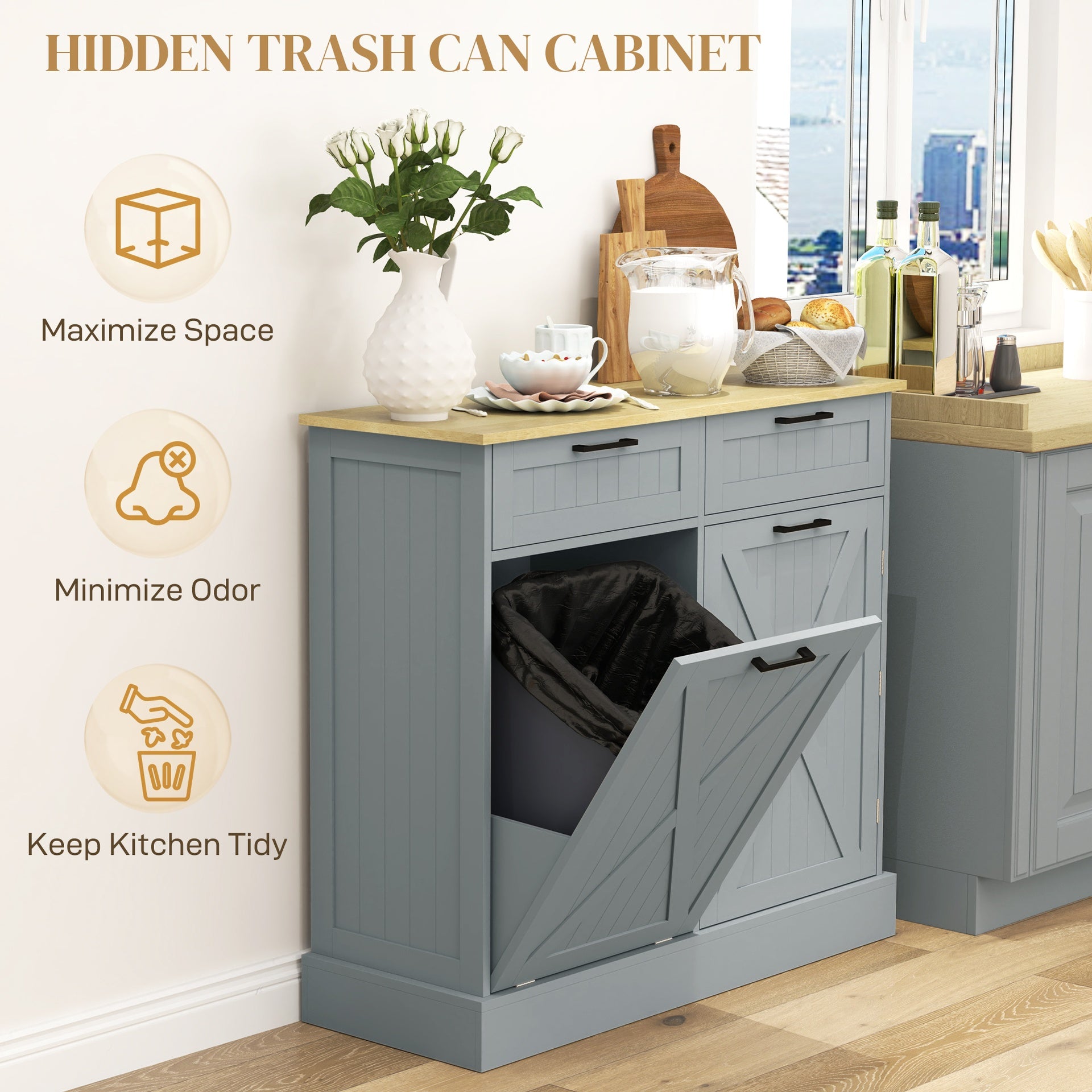 HOMCOM 10 Gallon Farmhouse Kitchen Cabinet with Hidden Trash Can and 2 Drawers, Tilt Out Trash Can Cabinet for Kitchen, Gray