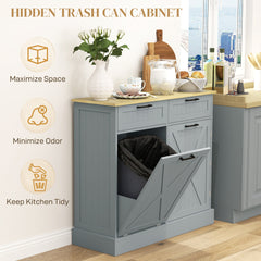 HOMCOM 10 Gallon Farmhouse Kitchen Cabinet with Hidden Trash Can and 2 Drawers, Tilt Out Trash Can Cabinet for Kitchen, Gray