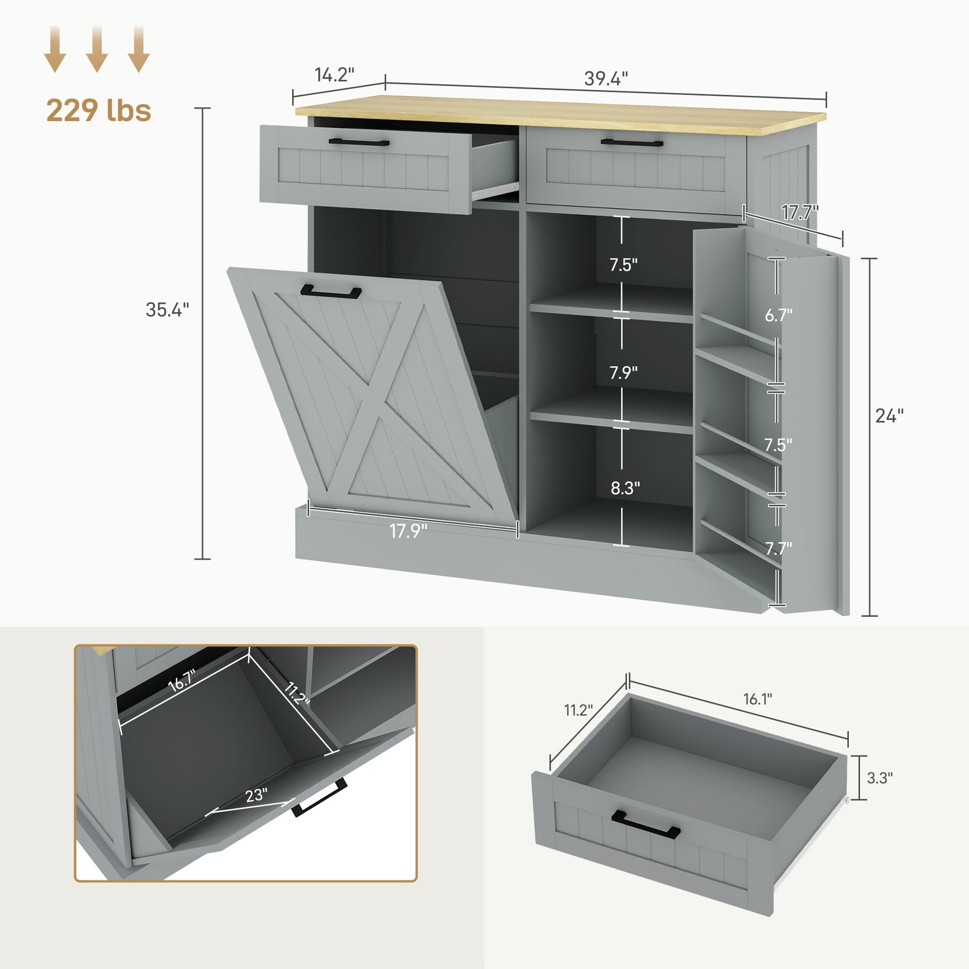 HOMCOM 10 Gallon Farmhouse Kitchen Cabinet with Hidden Trash Can and 2 Drawers, Tilt Out Trash Can Cabinet for Kitchen, Gray