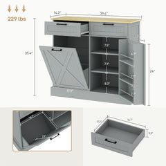HOMCOM 10 Gallon Farmhouse Kitchen Cabinet with Hidden Trash Can and 2 Drawers, Tilt Out Trash Can Cabinet for Kitchen, Gray